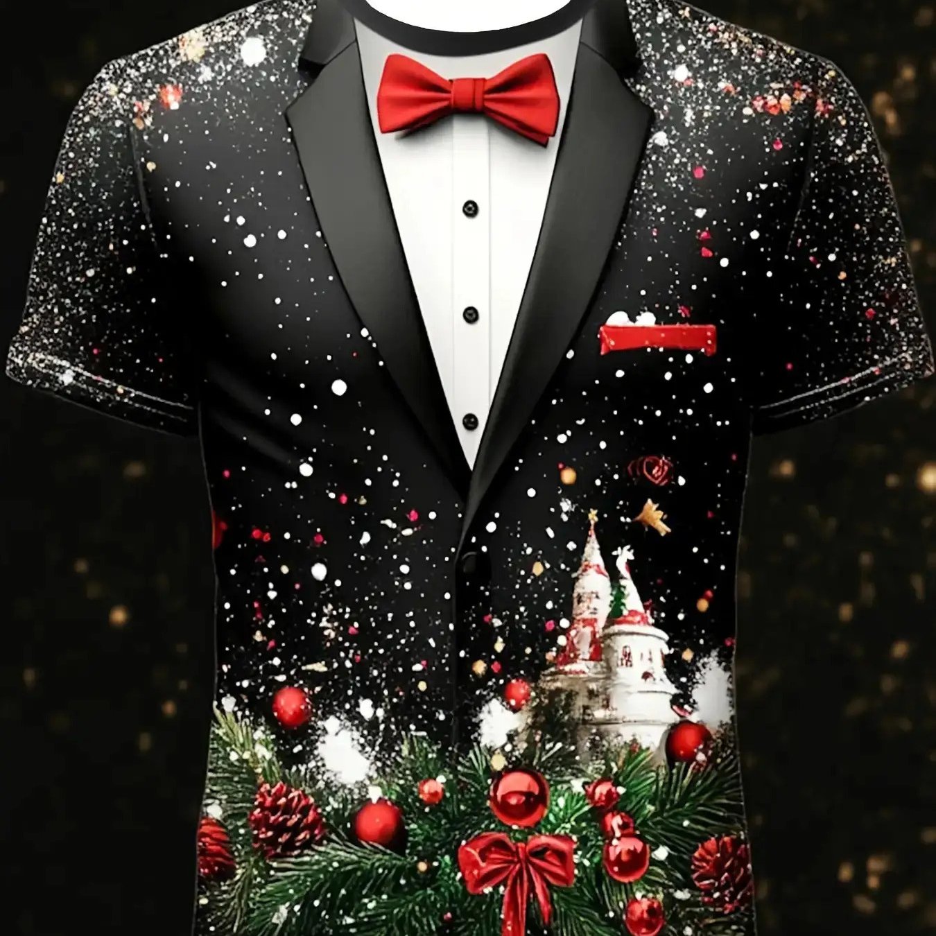 TEMU Men's 3d Christmas Print T-shirt - Featuring Snowflakes, Holly, And Decorative Patterns, A Regular Fit Short-sleeve For Summer And Parties