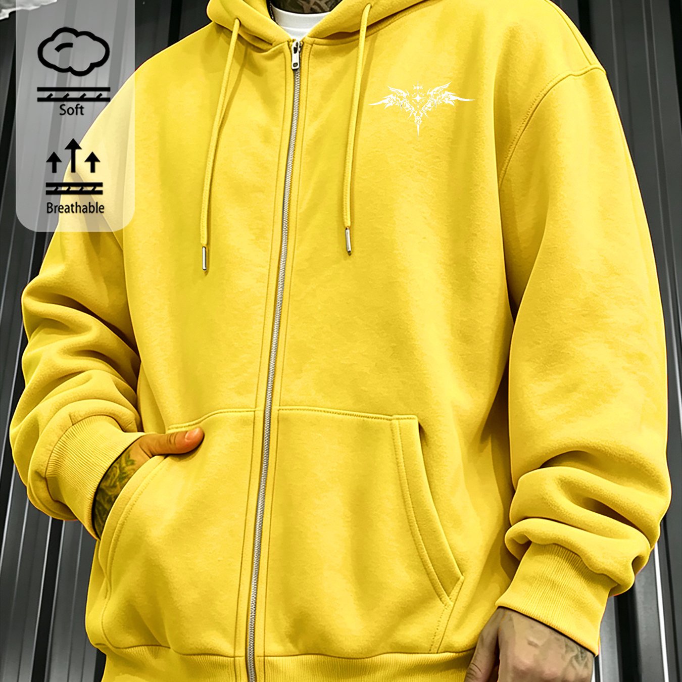 Image of Fall Zip-up Hoodie Casual Streetwear Men's Cotton Lightweight Jacket With Drawstring Hood, Front Pocket, Embroidered Chest Logo, Loose Fit Long Sleeve Coat, Local Warehouse Shipping
