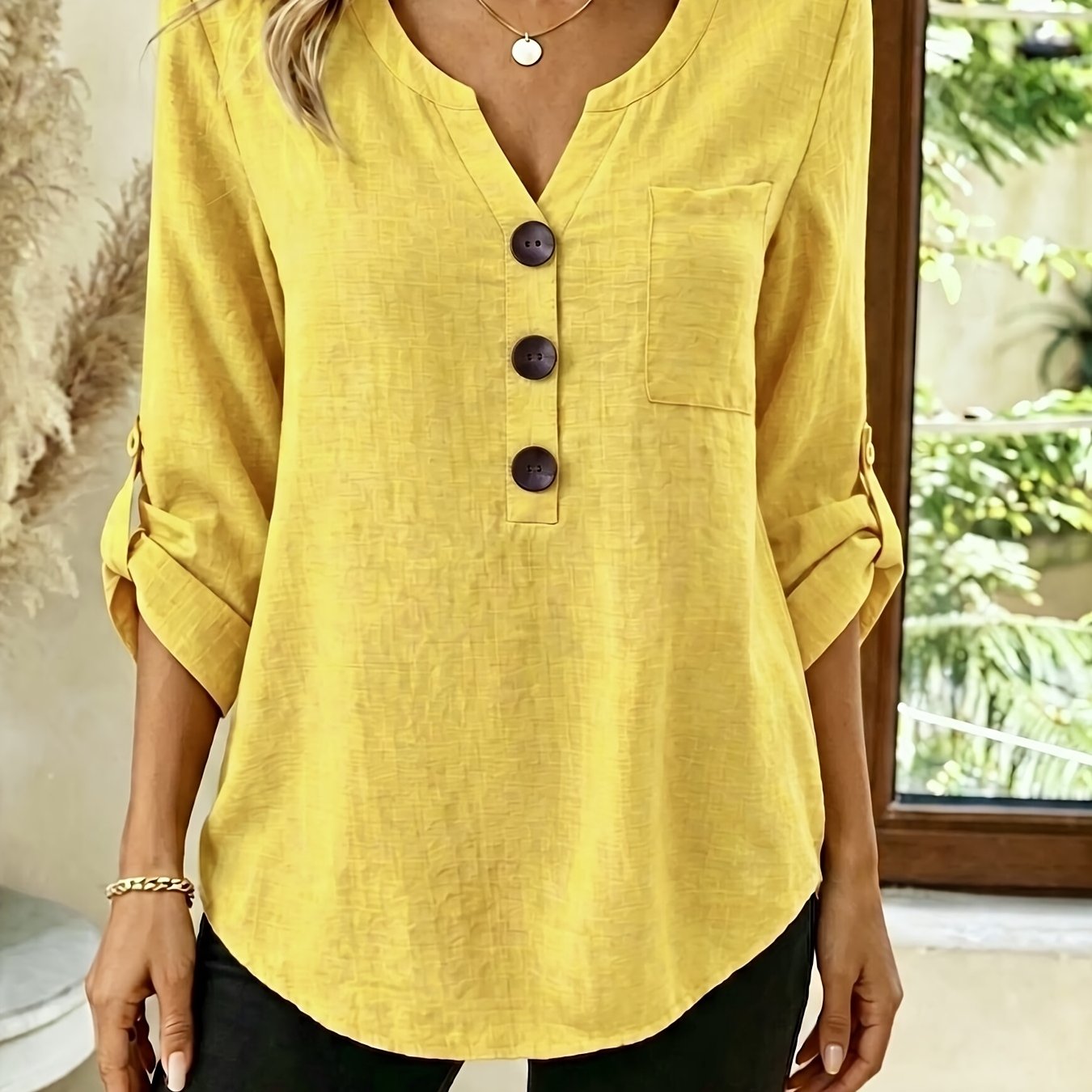 TEMU V-neck Half-button Women's Shirt, Loose Fit That Hides And Is, Beautiful Women's Shirt With Roll-up Sleeves, Casual And Elegant Women's Shirt,