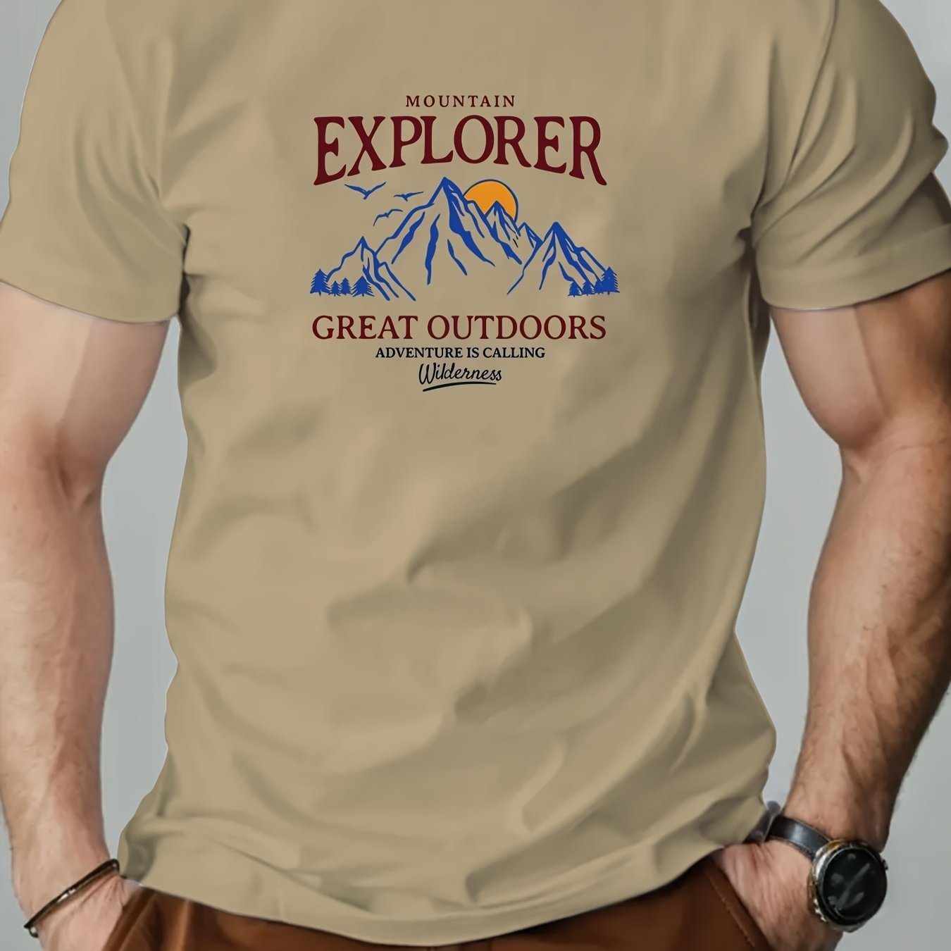 Men's Mountain Explorer Mountain Sunset Goose Tree Pattern Summer Casual Round Neck Short Sleeve T-shirt