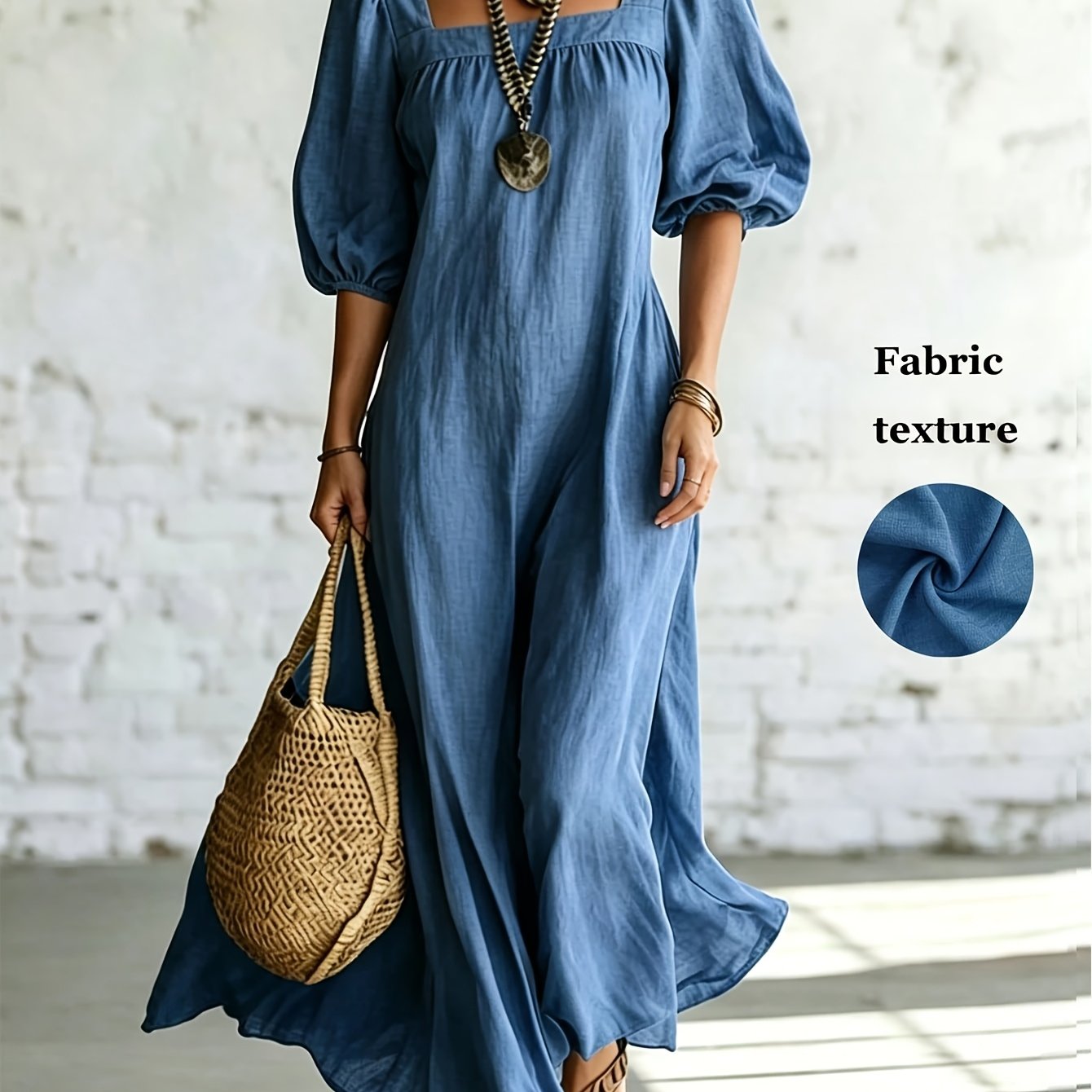 TEMU Western Bohemian Style Solid Color Long Dress, Elegant Neckline Puff Short Sleeve, Drawstring Waist Belt, Flowing A-line Silhouette, Casual