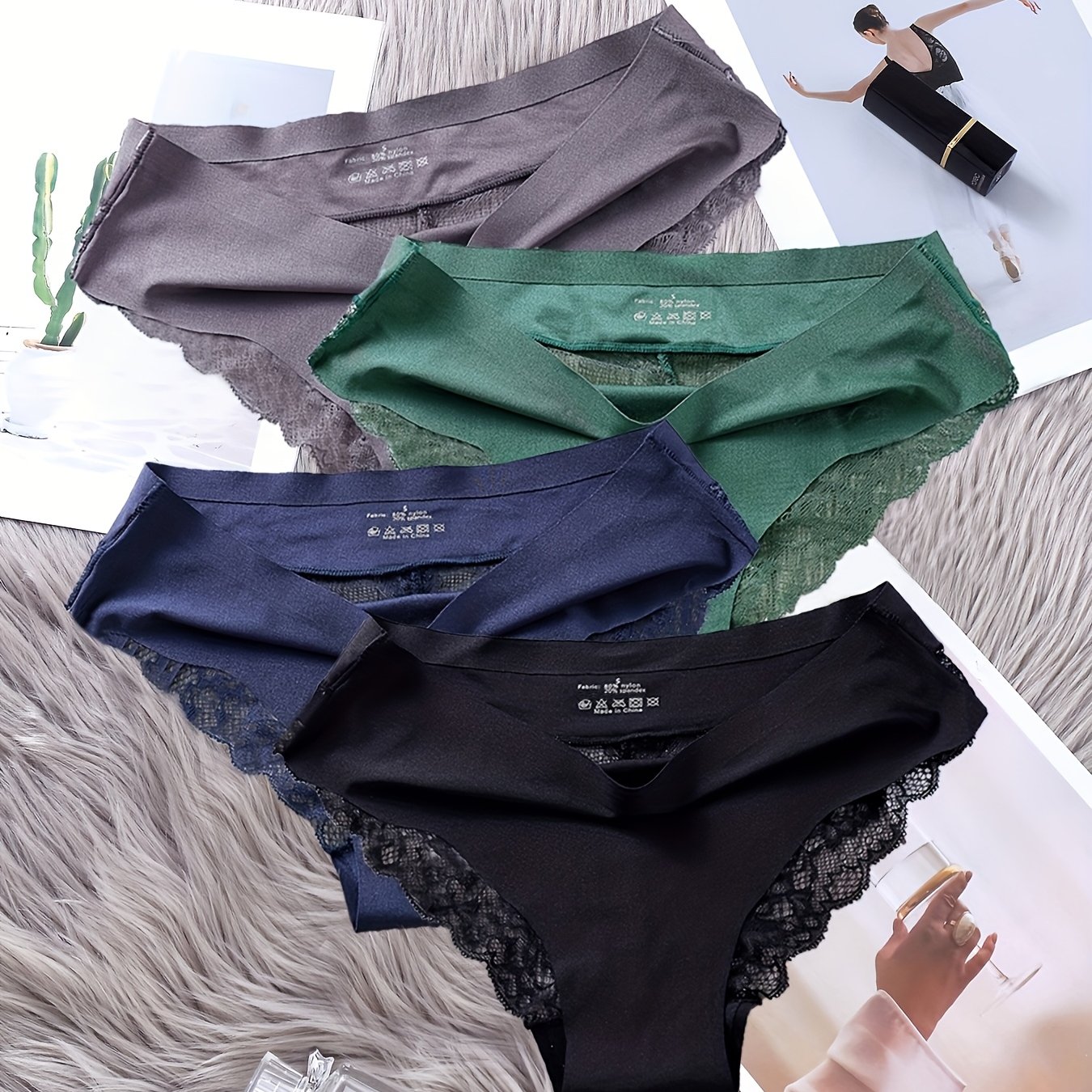Image of 4-pack Fabric Panties Women Seamless Lace Sexy Mesh Solid Color Crotch Gusset Ladies Underwear Triangle Panties Shorts