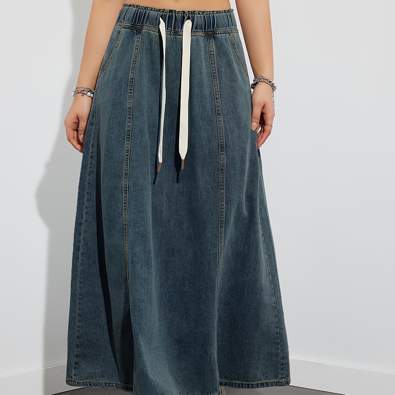 TEMU Drawstring Elastic Waistband Plain Washed Blue Loose Fit Casual Style Maxi Denim Skirt, Women's Denim Jeans & Clothing