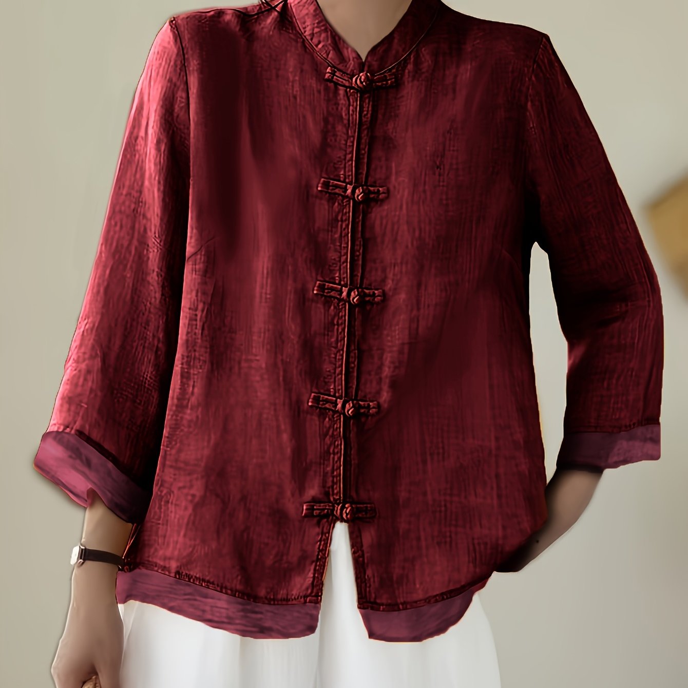 E-shop Plus Size - Locker sitzendes Vintage-Chi-Hemd im chinesischen Stil mit Dreiviertelärmeln und Patchwork-Design.