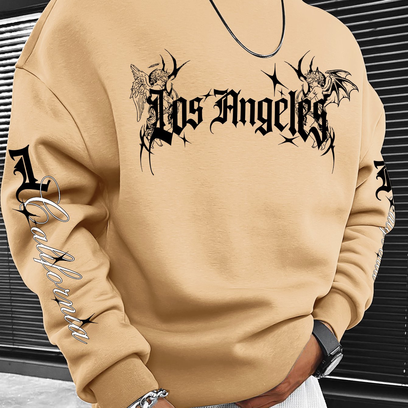 TEMU Dark Gothic Los Angeles Demon Emblem Fashion Crewneck Sweatshirt" ! Men' Style Outfit, Ideal For Casual Daily Wear And Trendsetting