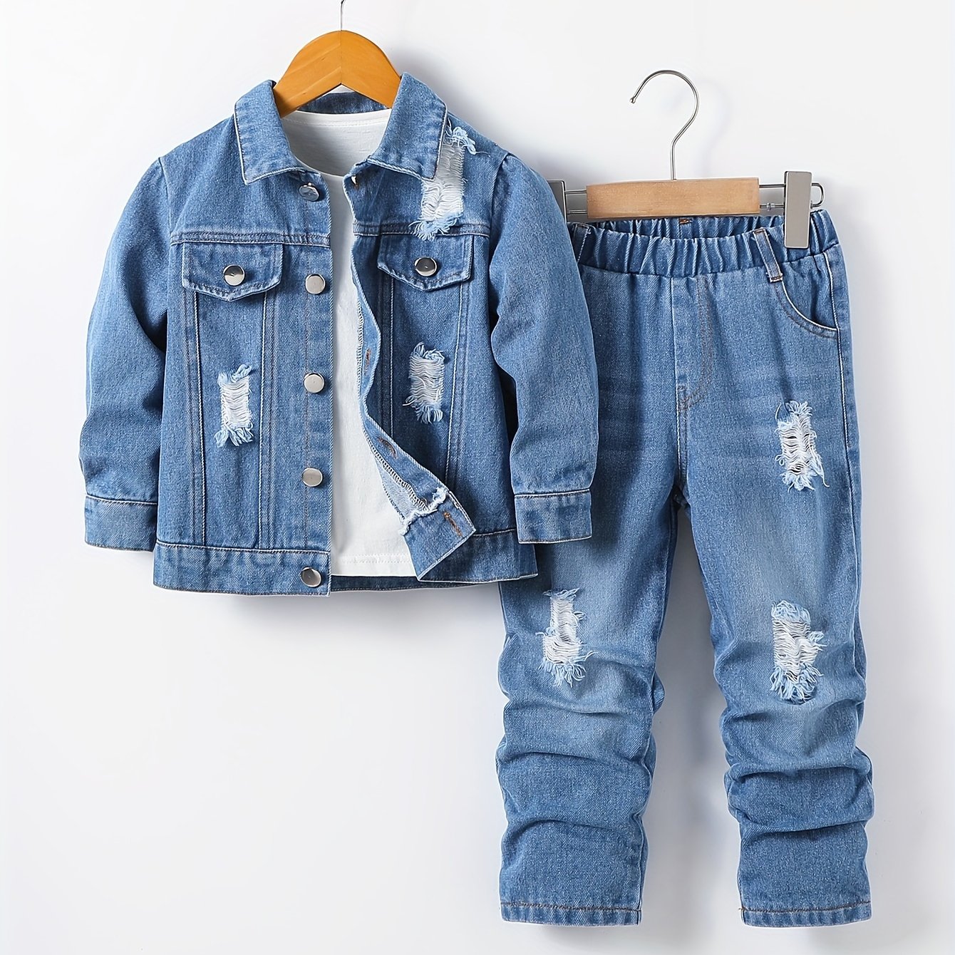 Image of 2pcs Boys' Blue Denim Distressed Button-collar Jacket And Pocket Rubber Long Trousers, Fashionable Trendy Casual Winter New, For Outdoor