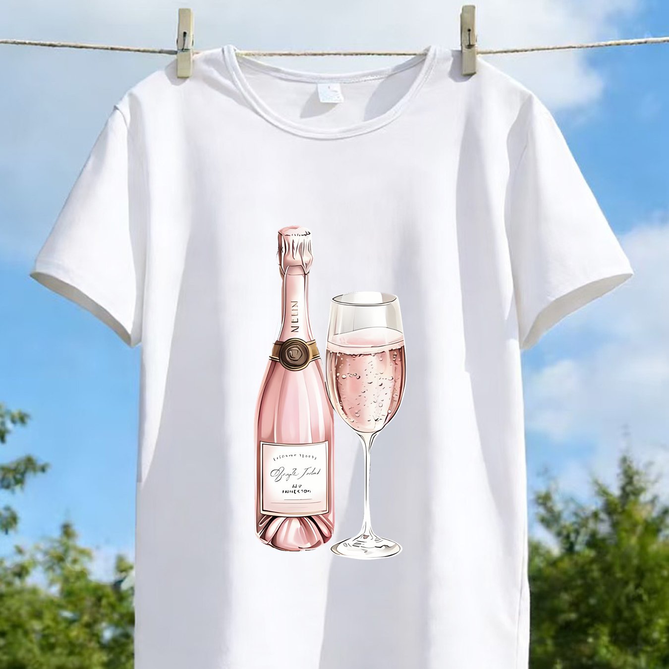 TEMU A Single Women's Round-neck Printed T-shirt, Featuring A Sweet Pink Champagne Design With A Wine , Perfect For Casual And Commuting Fashion In