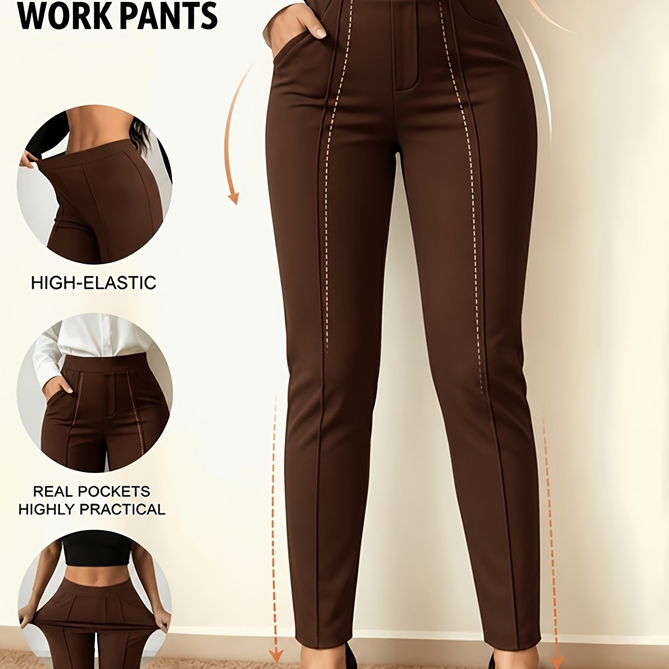 TEMU Plus Size, Plus-size Women's Fashionable Casual Stretchy Comfortable Everyday Basic Long Pants With Pockets, Versatile Slim-fit Stretch Waist