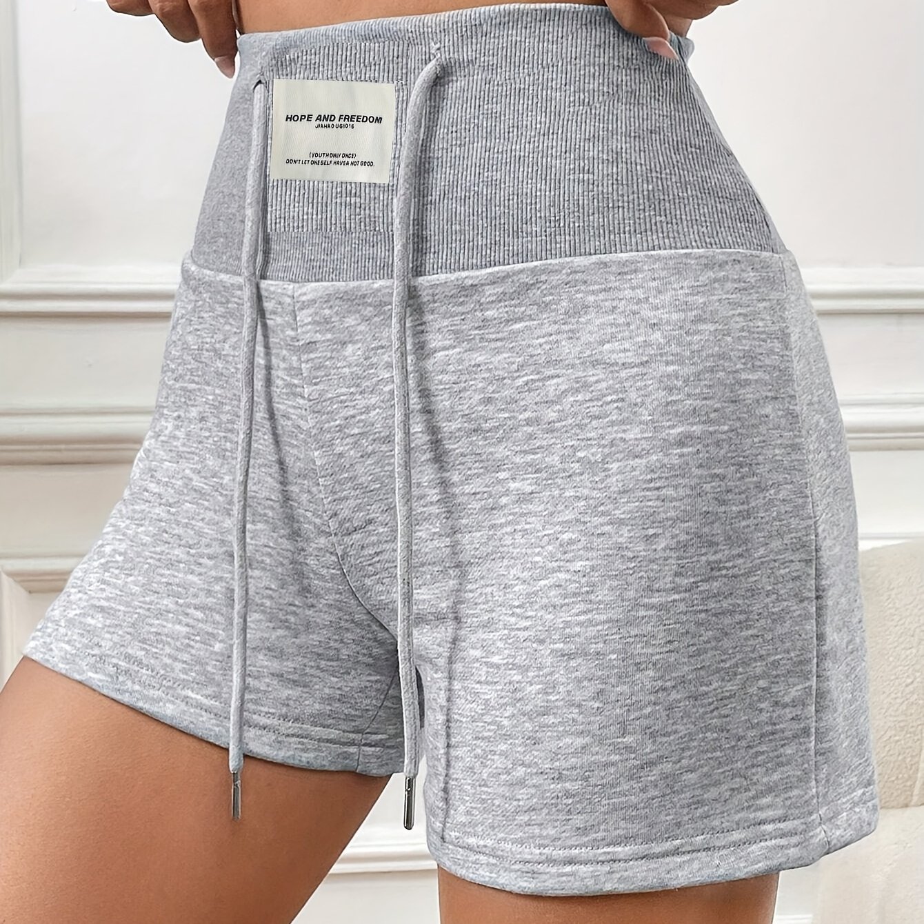 Image of Women's Summer Casual High-waist Contrast Ribbed Drawstring Solid Color Slim-fit Hot Shorts For Casual Attire