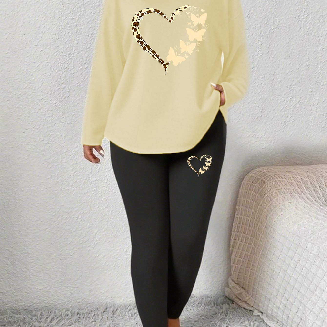 TEMU Trendy Women's Outfit Featuring A Heart Print, Casual Long Sleeves, And Long Pants Set