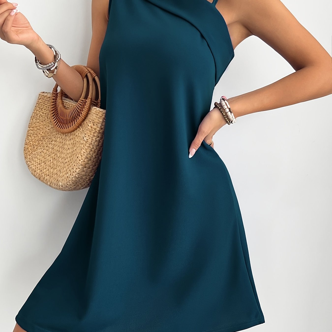 Solid Color Asymmetrical One-piece Strappy Casual Tank Dress
