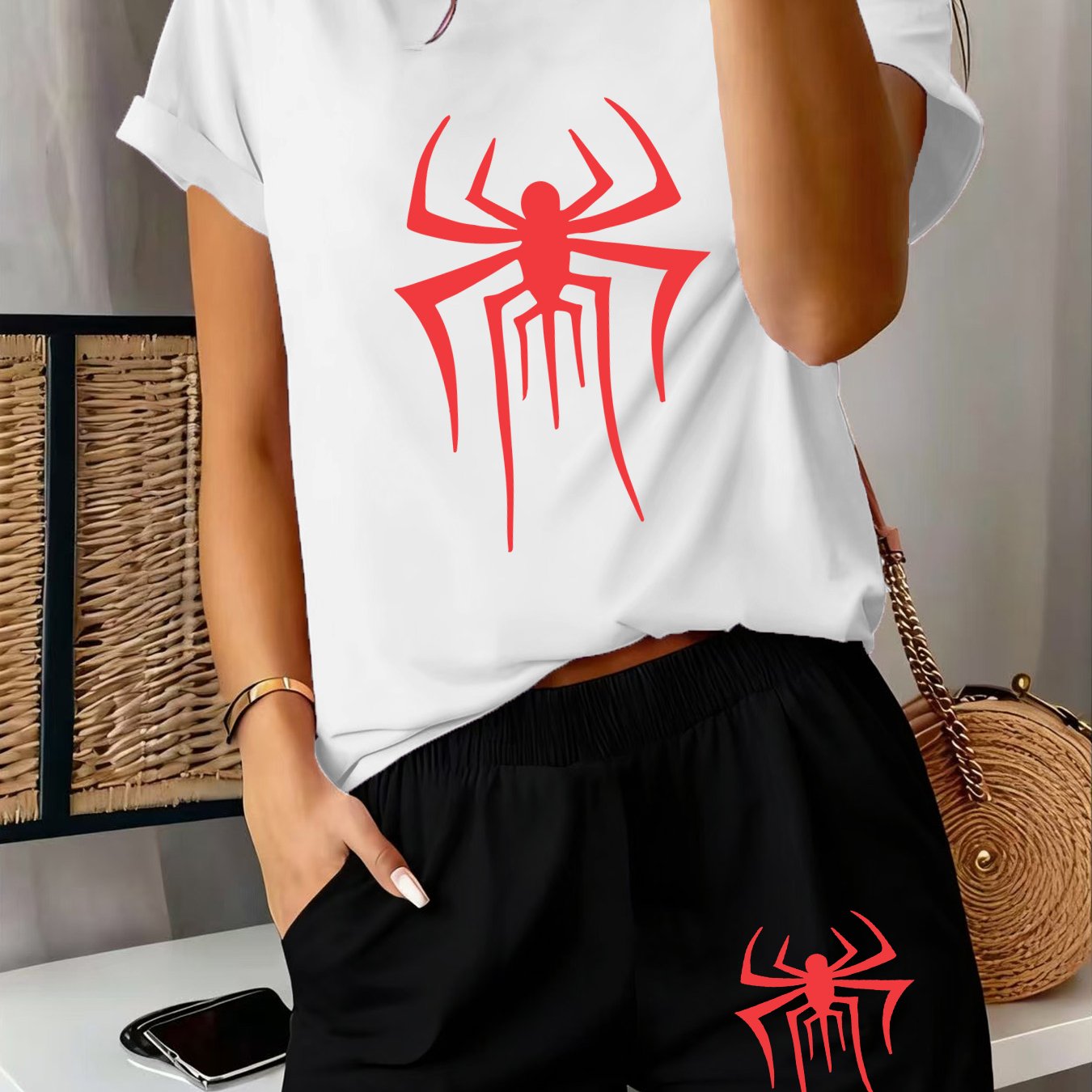 TEMU 2pcs Women's Summer Short Sleeve Setâred Spider Print, Fun Pattern Print Short Sleeve Shorts Set, Comfortable, Soft, And Breathable For Sports