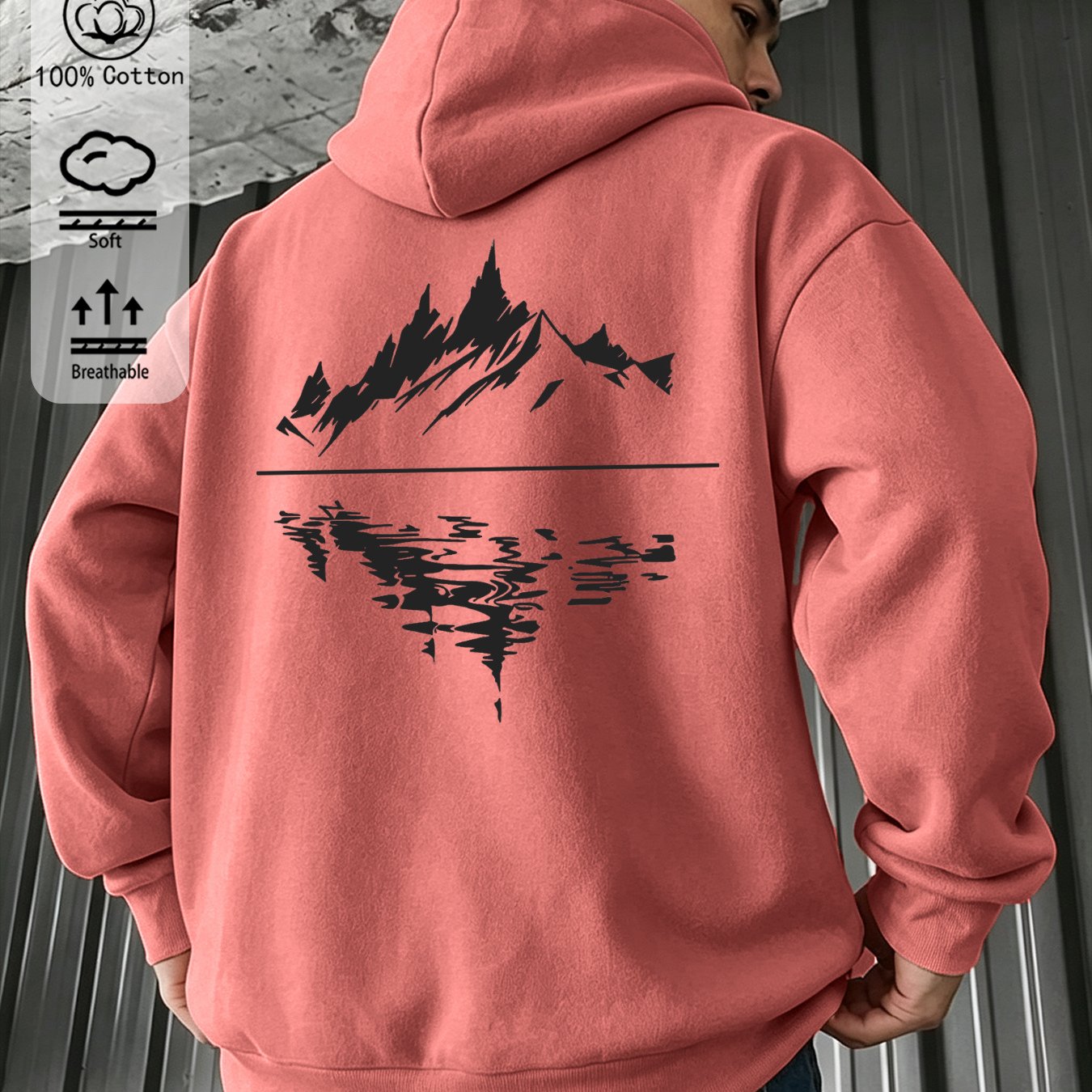Image of Men's Autumn Zip-up Hooded Sweatshirt With Mountain Print, Oversized Long-sleeve Casual Jacket For Spring And Fall