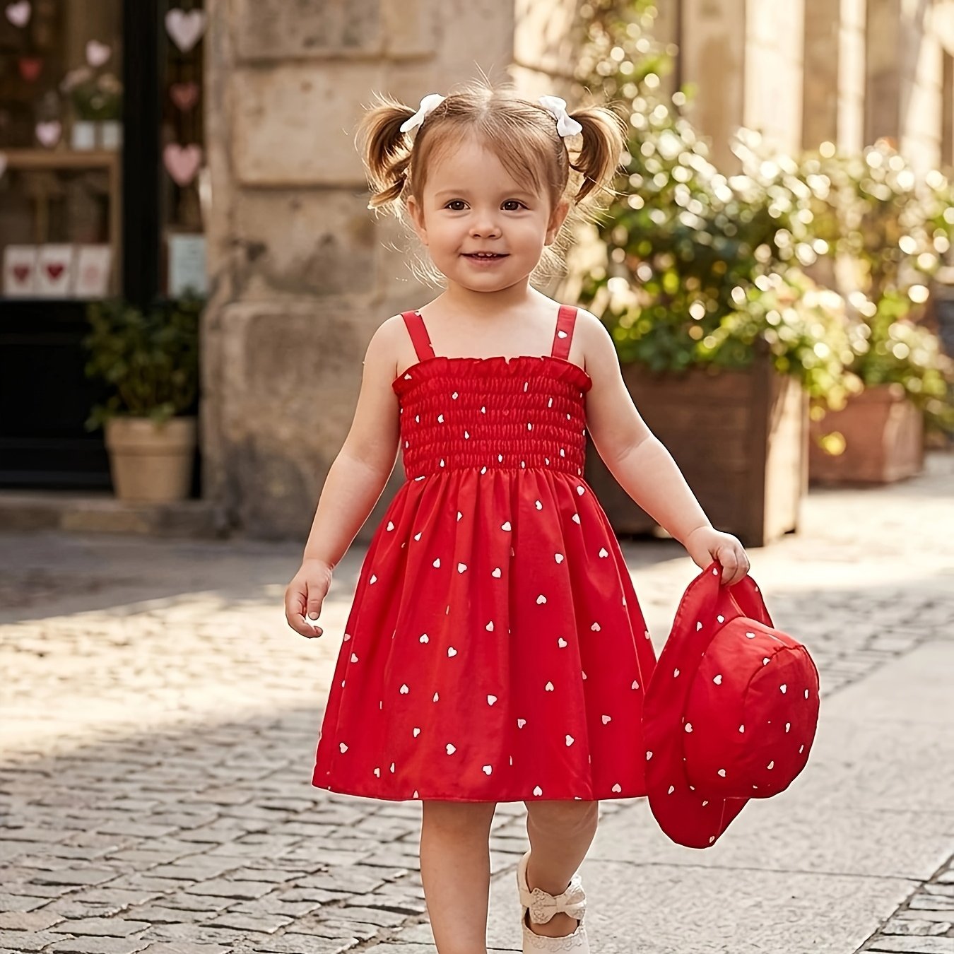 Image of Girls' 0-3 Years Summer 2pcs Set: Sleeveless Heart Print Wrap Camisole Dress + Hat Princess Dress, 2 Colors