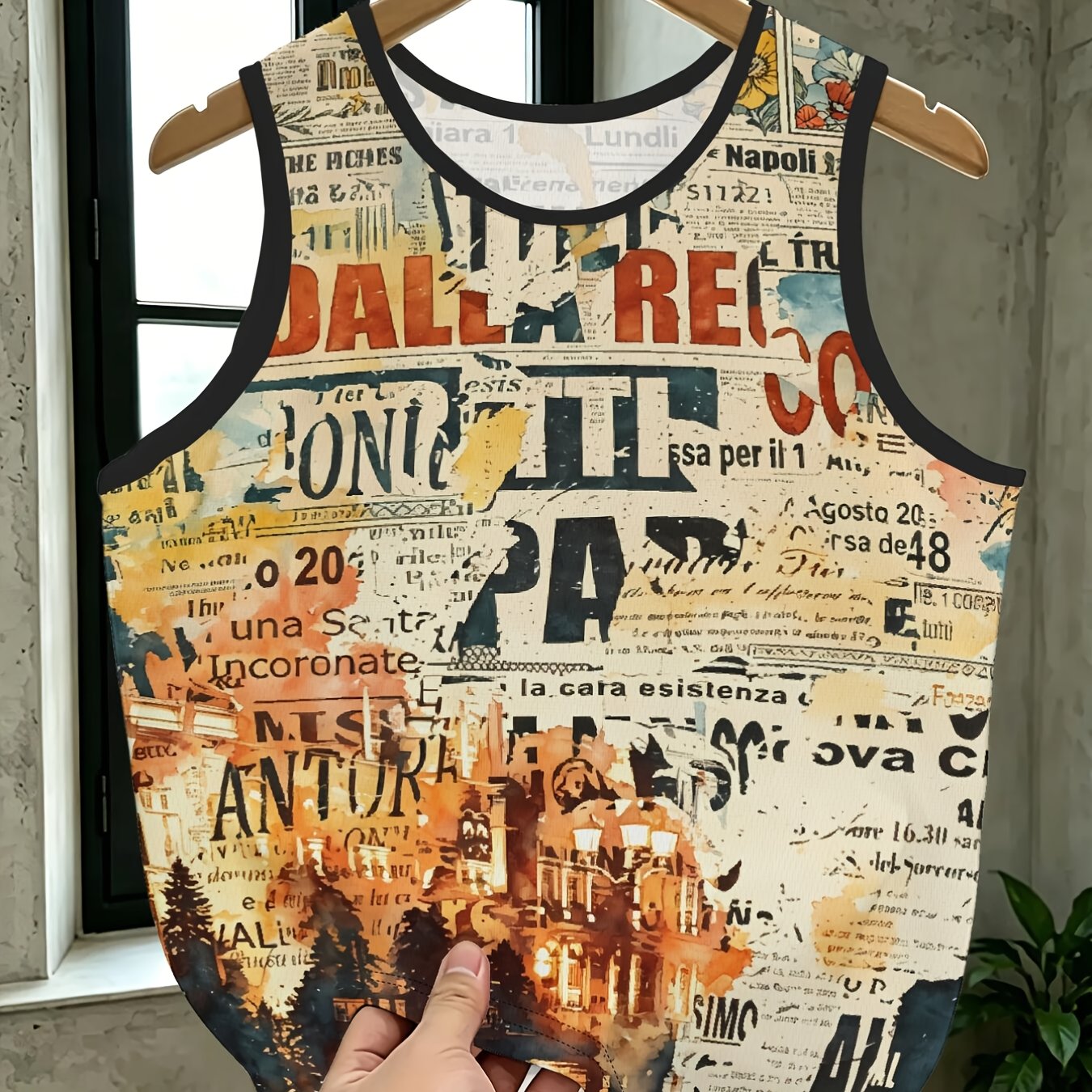 TEMU 1pc Men's Breathable Mesh Vest Vintage Newspaper Digital Printed Neck Versatile Sleeveless Top For Summer