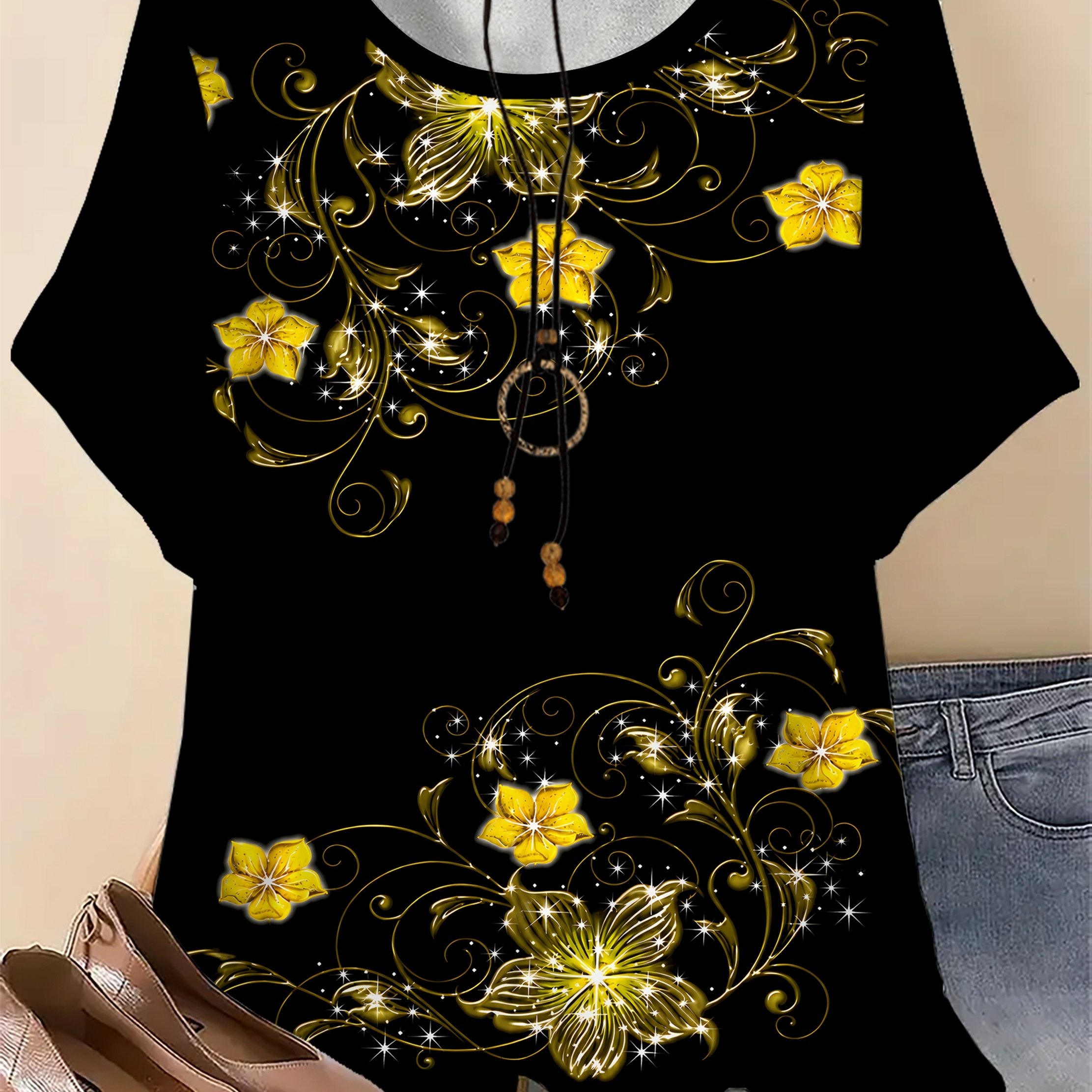 TEMU Plus Size - Plus Size - Black Printed Short Sleeve Top, Women's Summer Loose T-shirt, Golden Floral Pattern Casual Women's Top