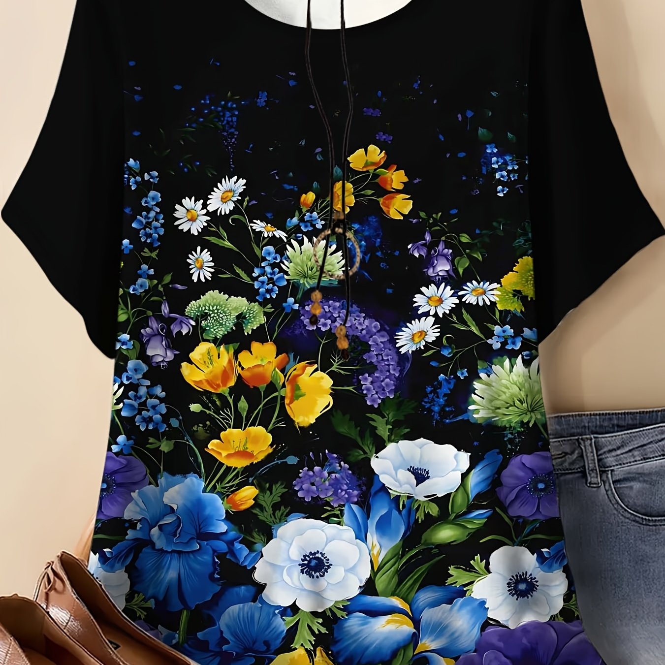 TEMU Women's Plus Size Vintage Multicolor Full-body Floral Print T-shirt - Round Neck Short Sleeve Blouse, With Blue/white/yellow/purple/patterns,