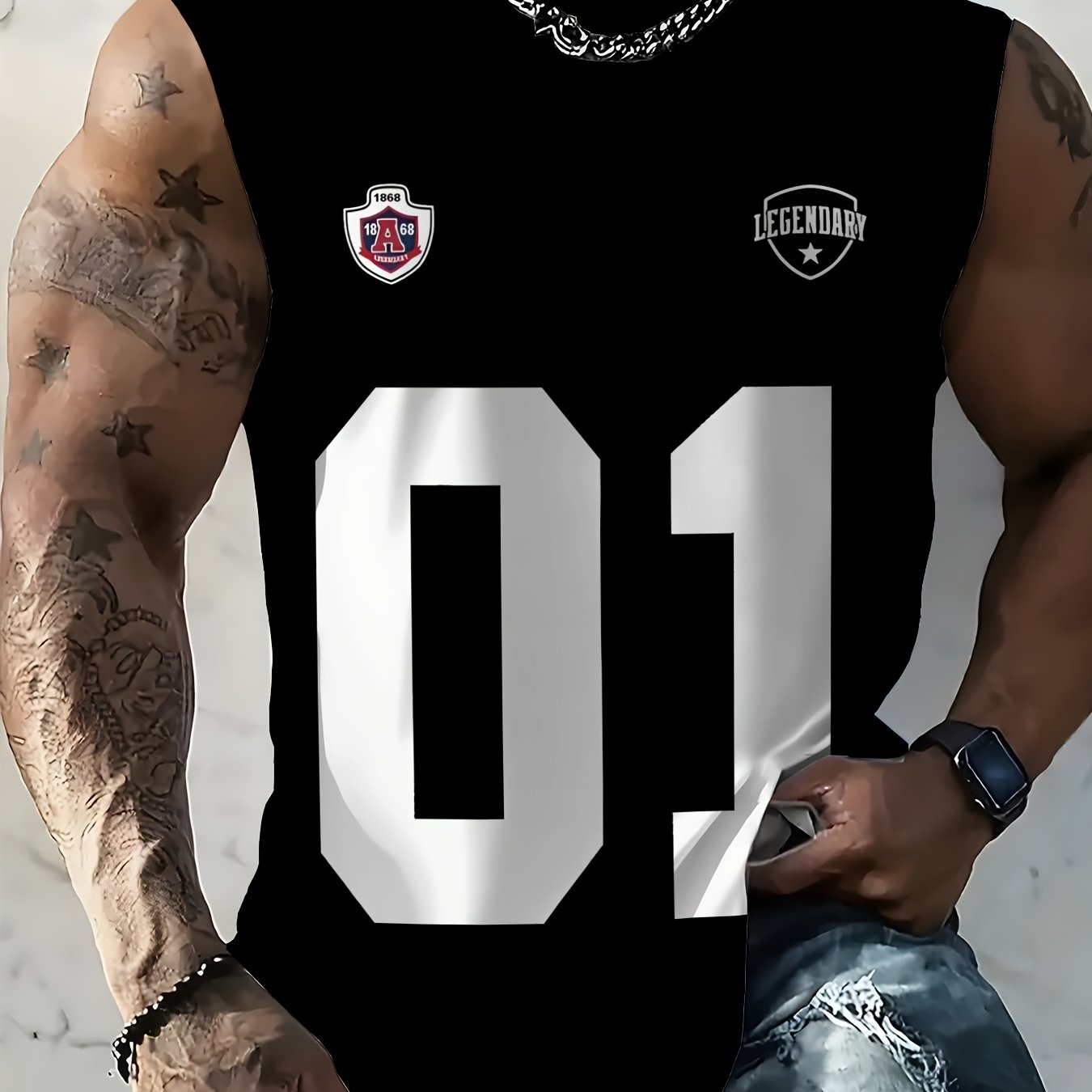 TEMU Men's Sleeveless Athletic Vest - 3d Printed Sporty No.01 Shirt, Round Neck Sleeveless Top For Gym, Swimming & Beachwear, Machine Washable Summer