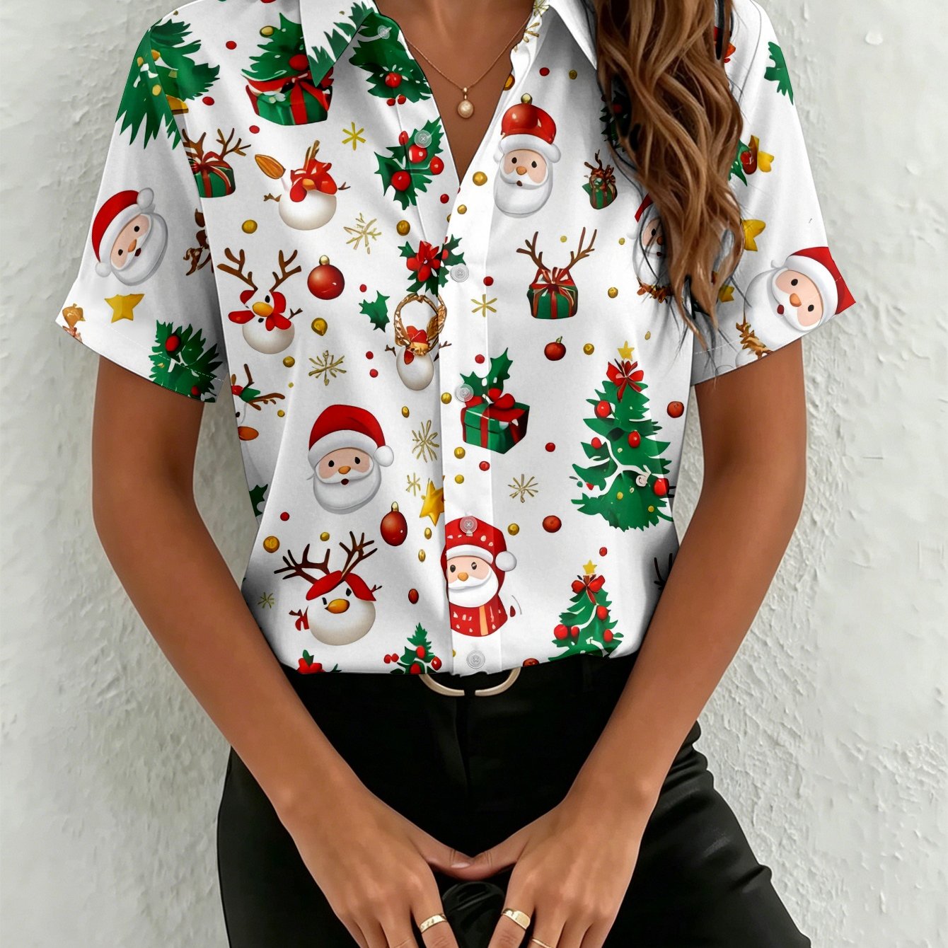 TEMU Printed Design - Not Textured Christmas Printed Women's Short Sleeve Shirt New Casual Versatile Holiday Vacation Women's Clothing