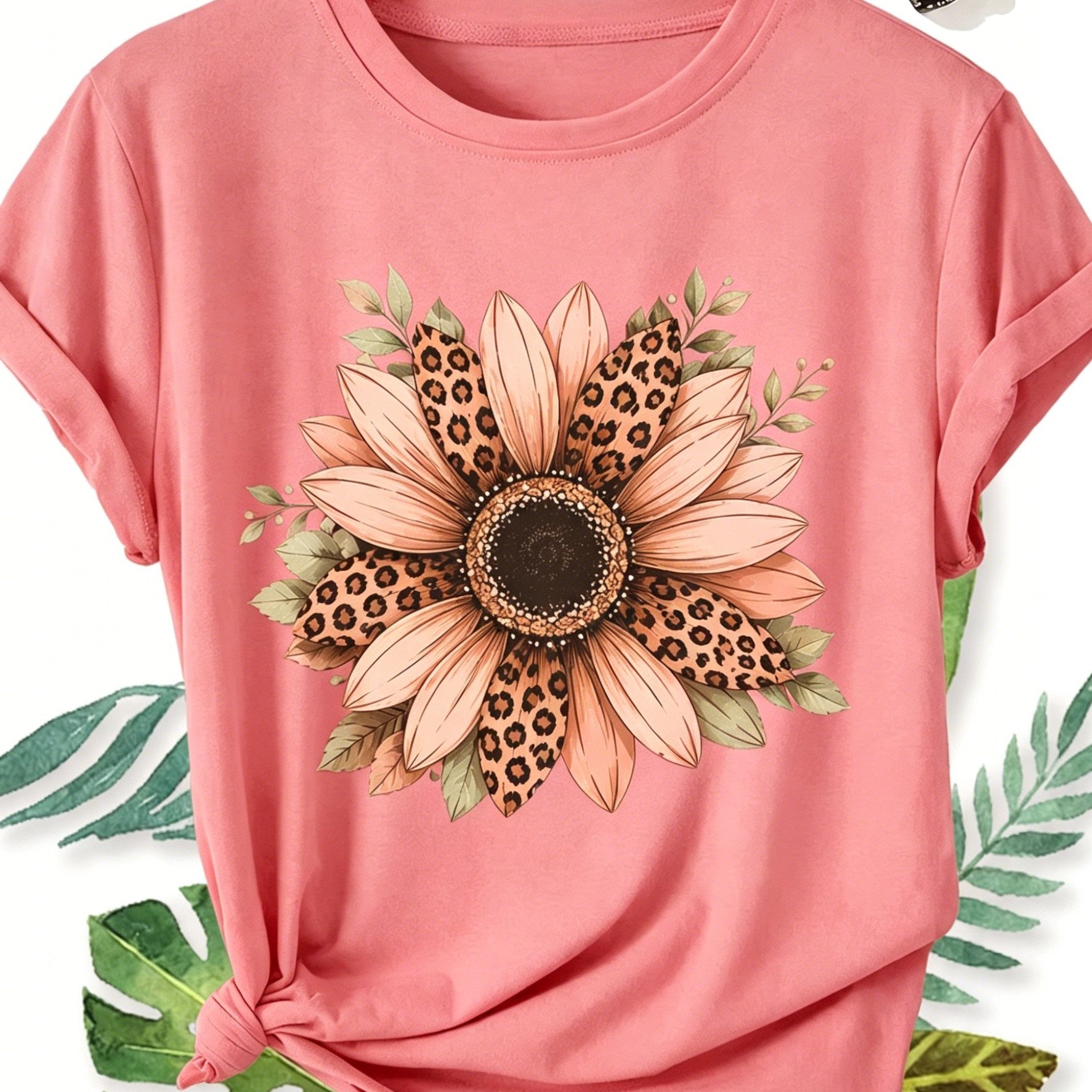 Women's Dark Leopard & Sunflower Print T-shirt - Retro Loose Fit Short Sleeve Crew Neck Top With & Botanical Patterns, Casual Streetwear Suitable For Daily Outfits, Spring Summer Wardrobe