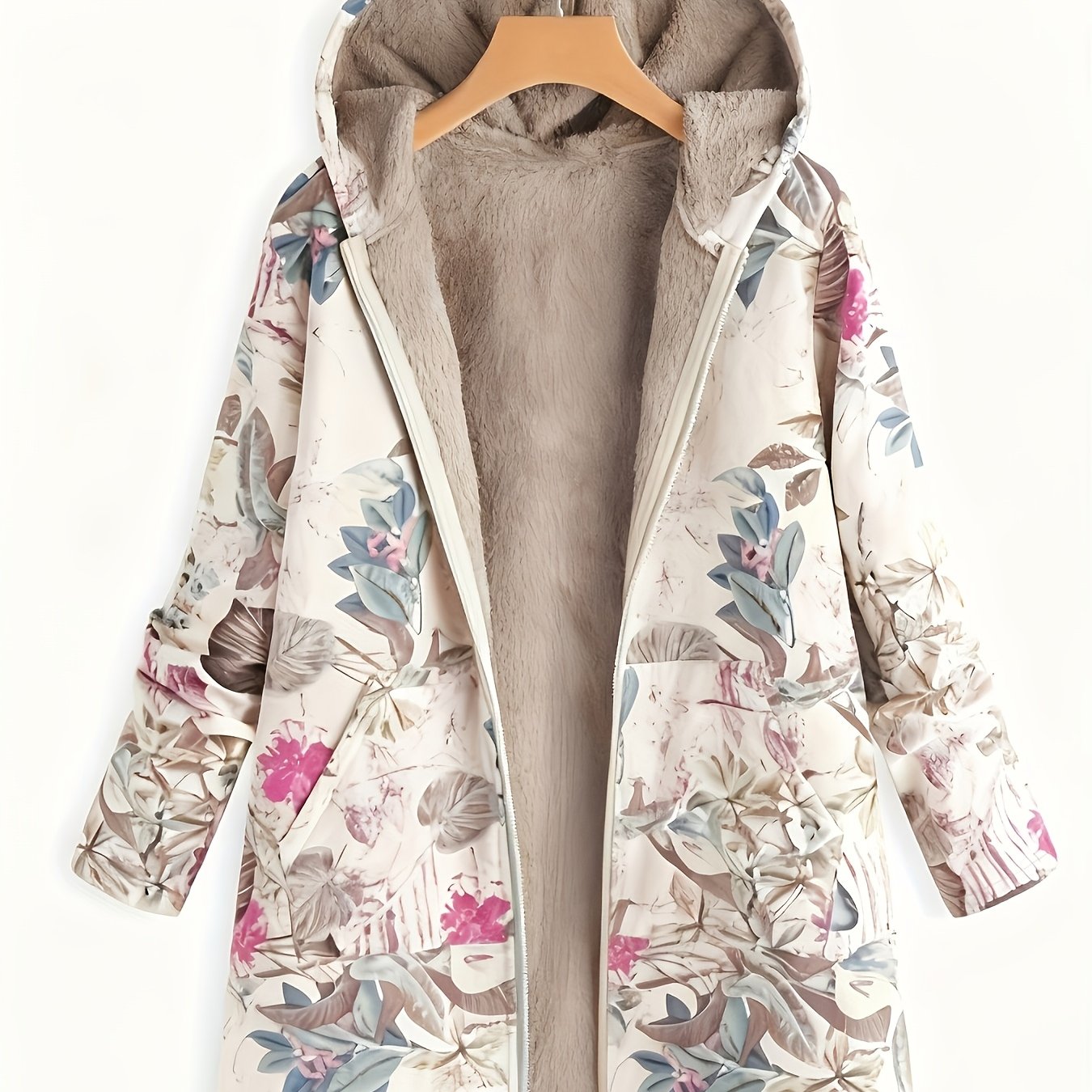 TEMU Women's New Autumn/winter Hooded Mid-length Printed -lined Jacket, Fashionable, Elegant, Versatile, Warm, With Pockets, Cardigan Style