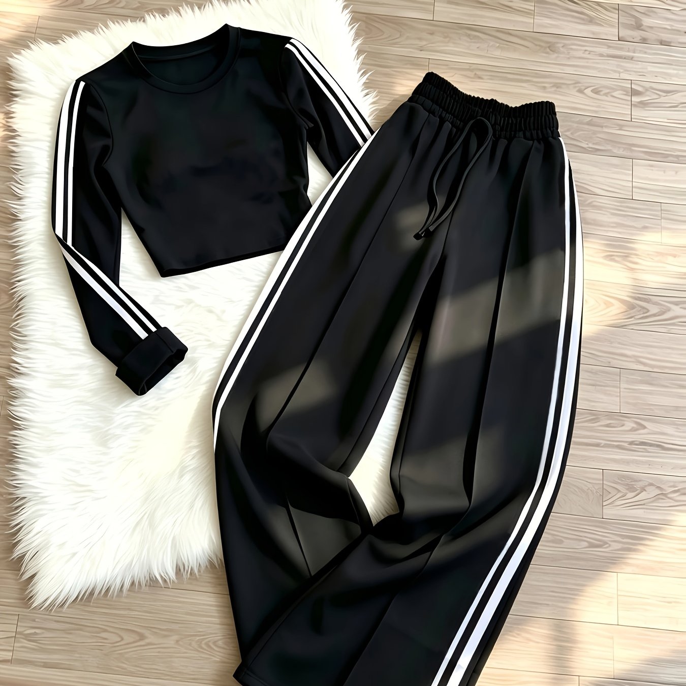 TEMU Women's Striped Casual Athleisure Set: Cropped Long-sleeve Top And High-waist Wide-leg Pants (2pcs Set)