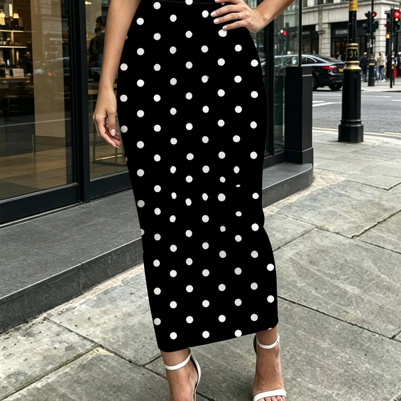 TEMU Black White Polka Dot Pattern Women's Printed Medium To Long Tight Fitting Hip Hugging Skirt Living Room Travel Outdoor Party Casual Wear