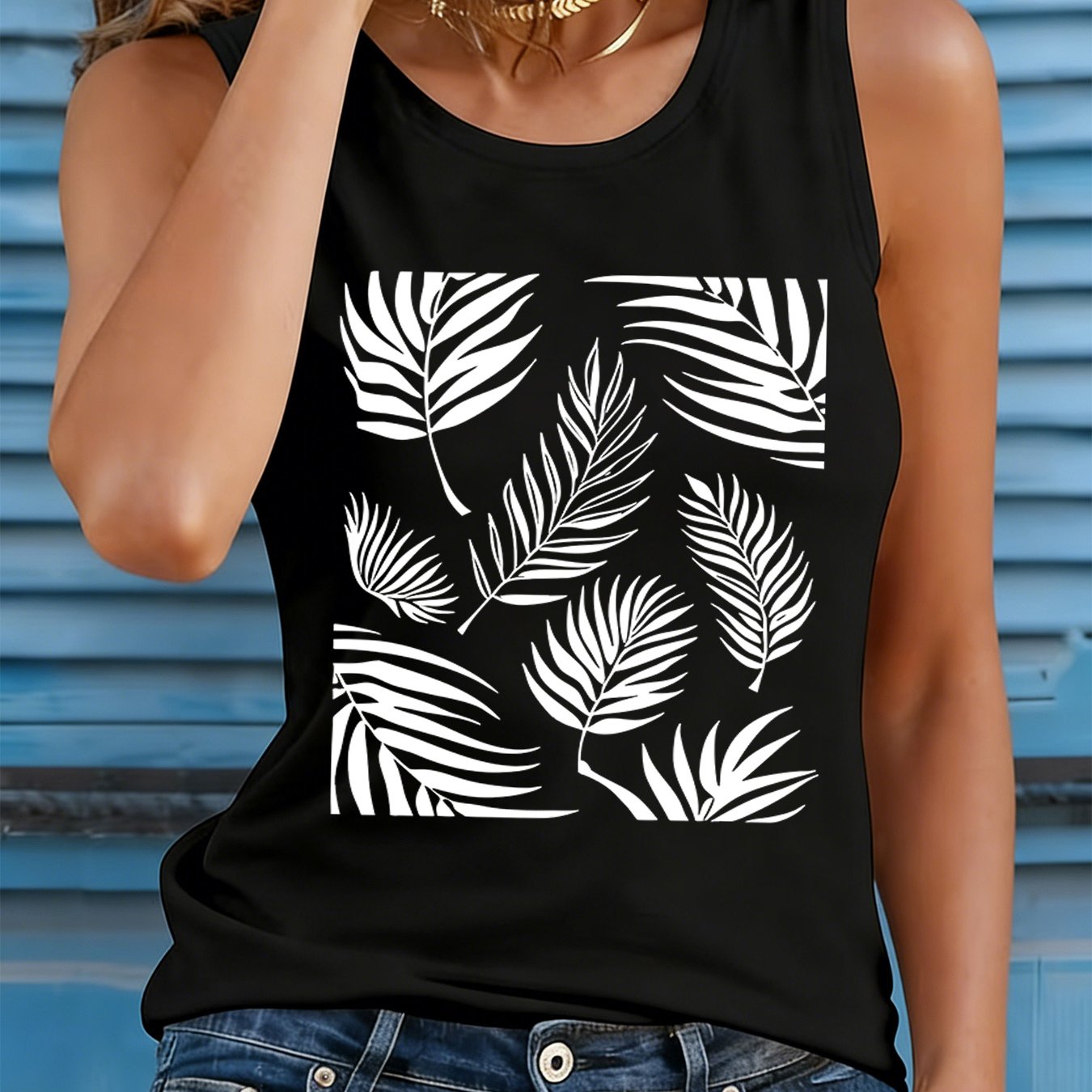 TEMU 065 Botanical Print Sleeveless Tank Top, Fashionable Versatile Casual Sleeveless T-shirt For Women, Summer Lightweight Cool Top