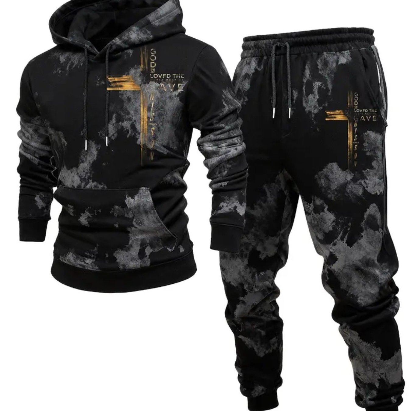 Image of Men's Hooded Athletic Suit With Trendy Camouflage Design And Golden Cross Pattern, Perfect For Style In Autumn And Winter