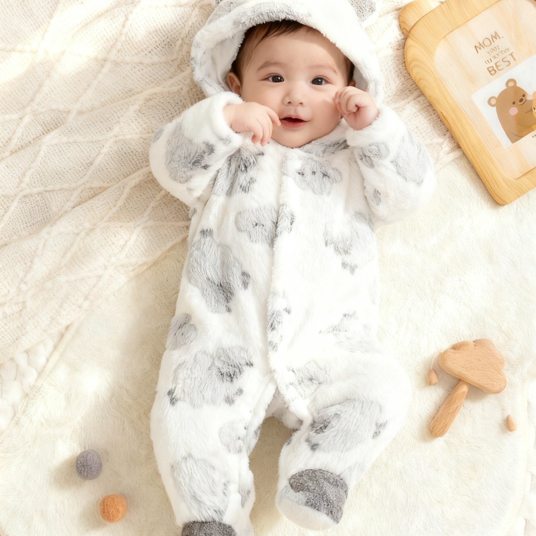 Image of Baby Boy Onesies Animal Print Long Sleeve Hooded Fuzzy Footed Romper, For Outdoor