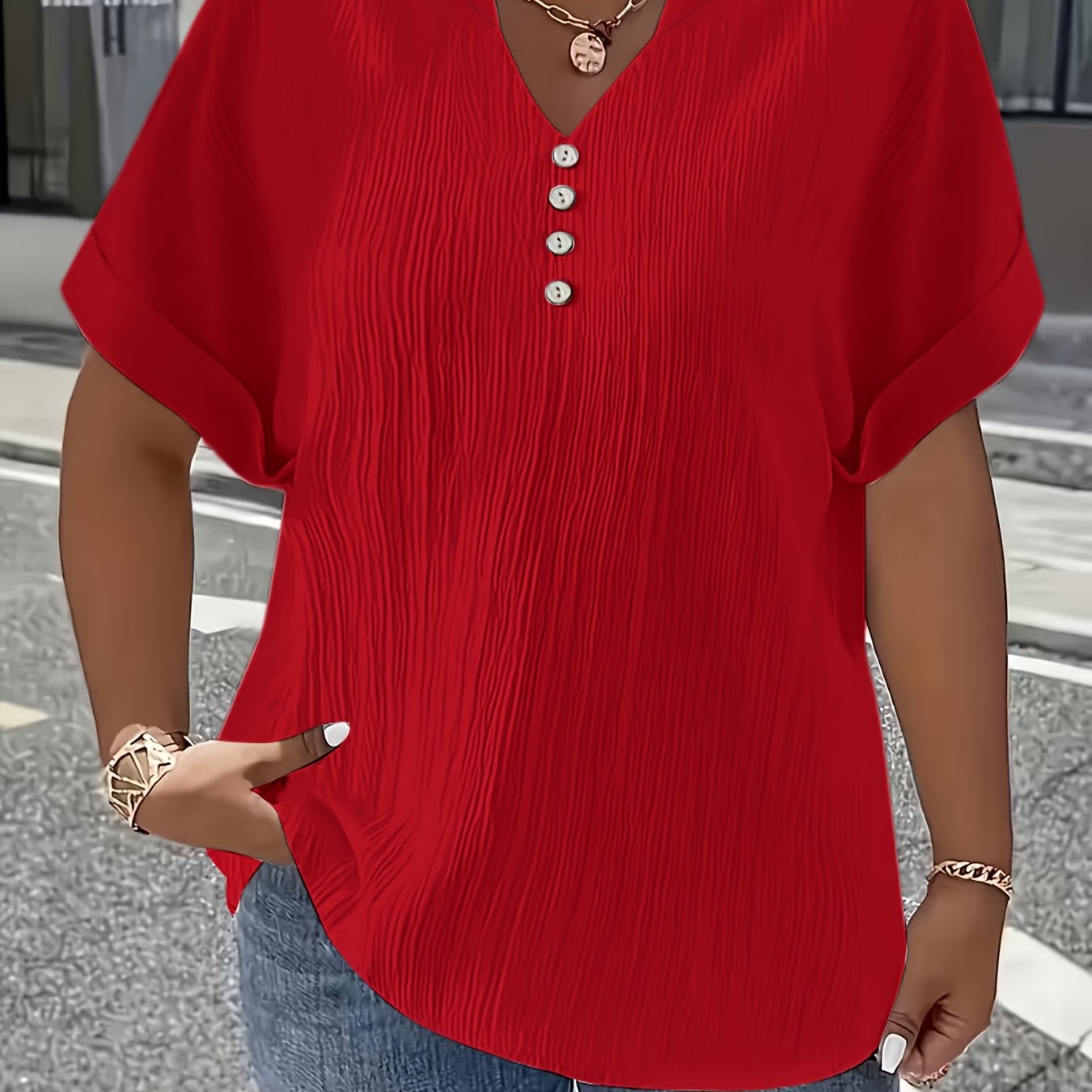 E-shop Plus Size Damen -Neck-Knopf-Bluse T-Shirt - Uni-Farben Kurzarm Knopfleiste Oberteil, Maschinenwaschbares Undurchsichtiges Shirt für Casual &