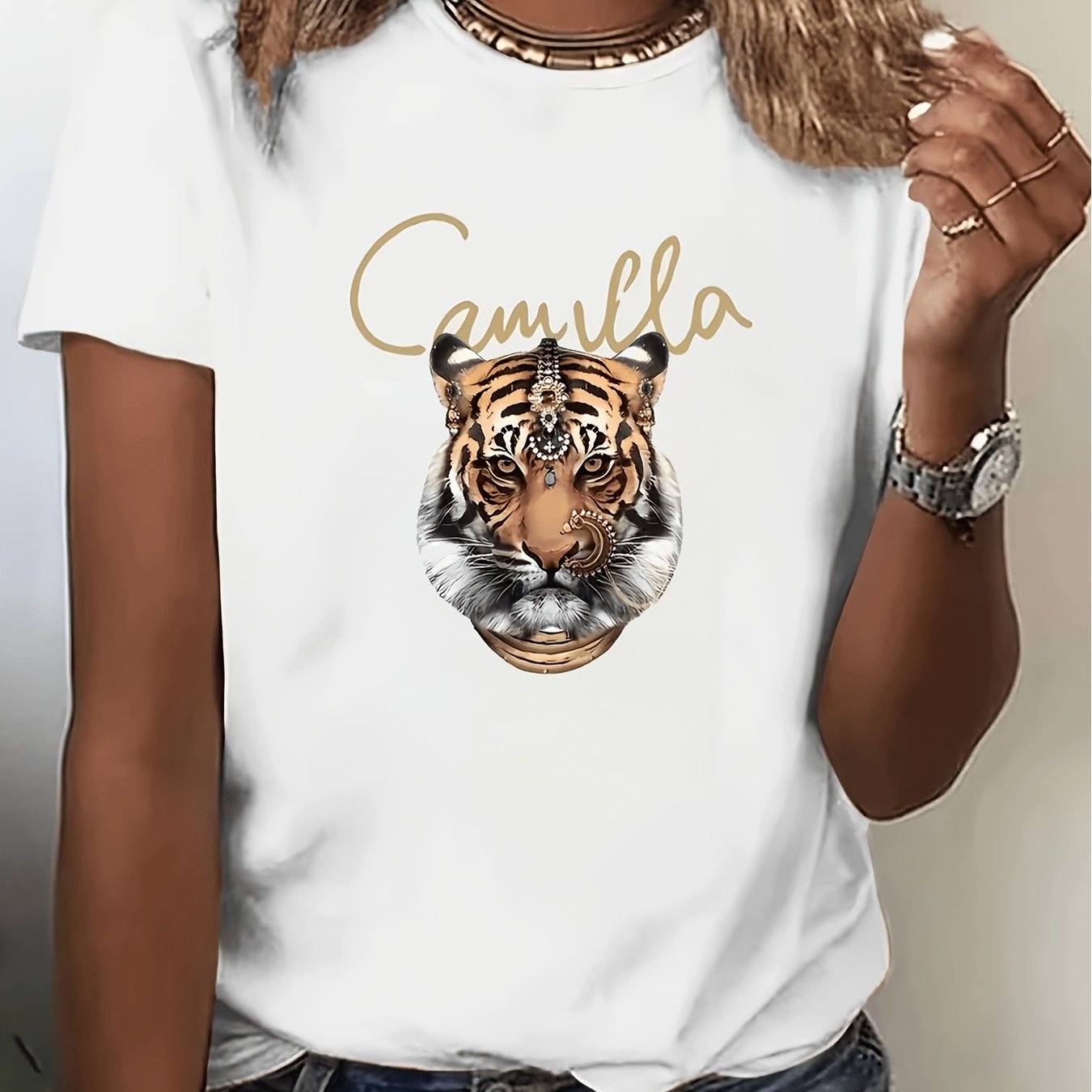 TEMU Golden & Graphic T-shirt - Ornate Jewel Design Short-sleeve Casual Streetwear Suitable For Hip Hop, Beach Outfits, Machine Washable, - Fit For