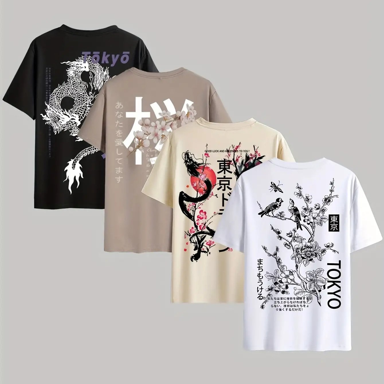 TEMU 4pcs Men's Plus Size Series Print T-shirt Set - Japanese And Pattern Tops, Round Neck Short Sleeve Casual Summer Shirts, Machine Washable,