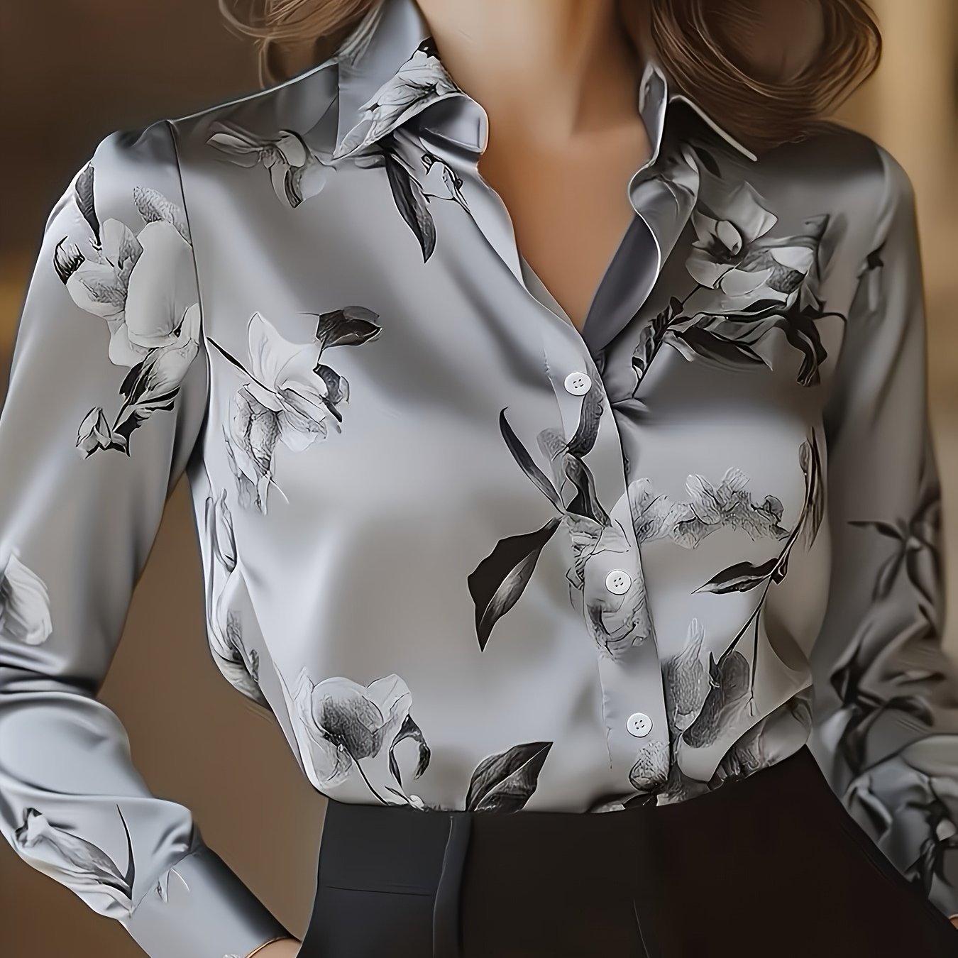 TEMU Plus Size, Elegant Special Edition Women's Printed Long-sleeve Shirt - Classic Button- Collar Design, Medium Washable, Suitable For Office