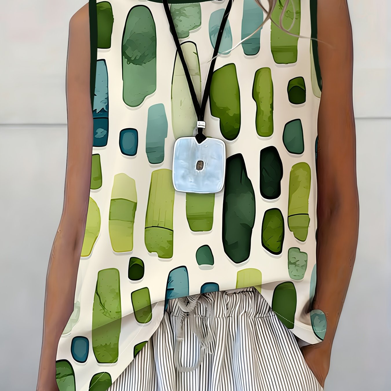 TEMU Green Abstract Sleeveless Vest For Women, Summer Casual Loose , Fashionable Trendy Minimalist Designer Crop Top