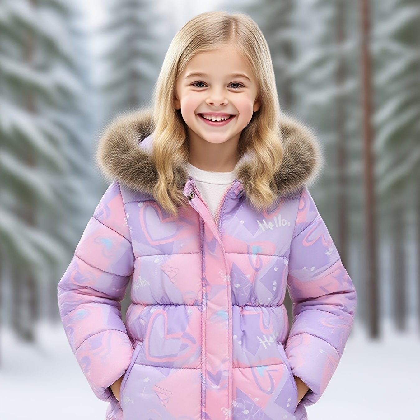 Image of New Autumn-winter Girls' -padded Jacket With Floral Heart Print, Stylish And Warm, An Essential Item For Girls' Casual In And Winter