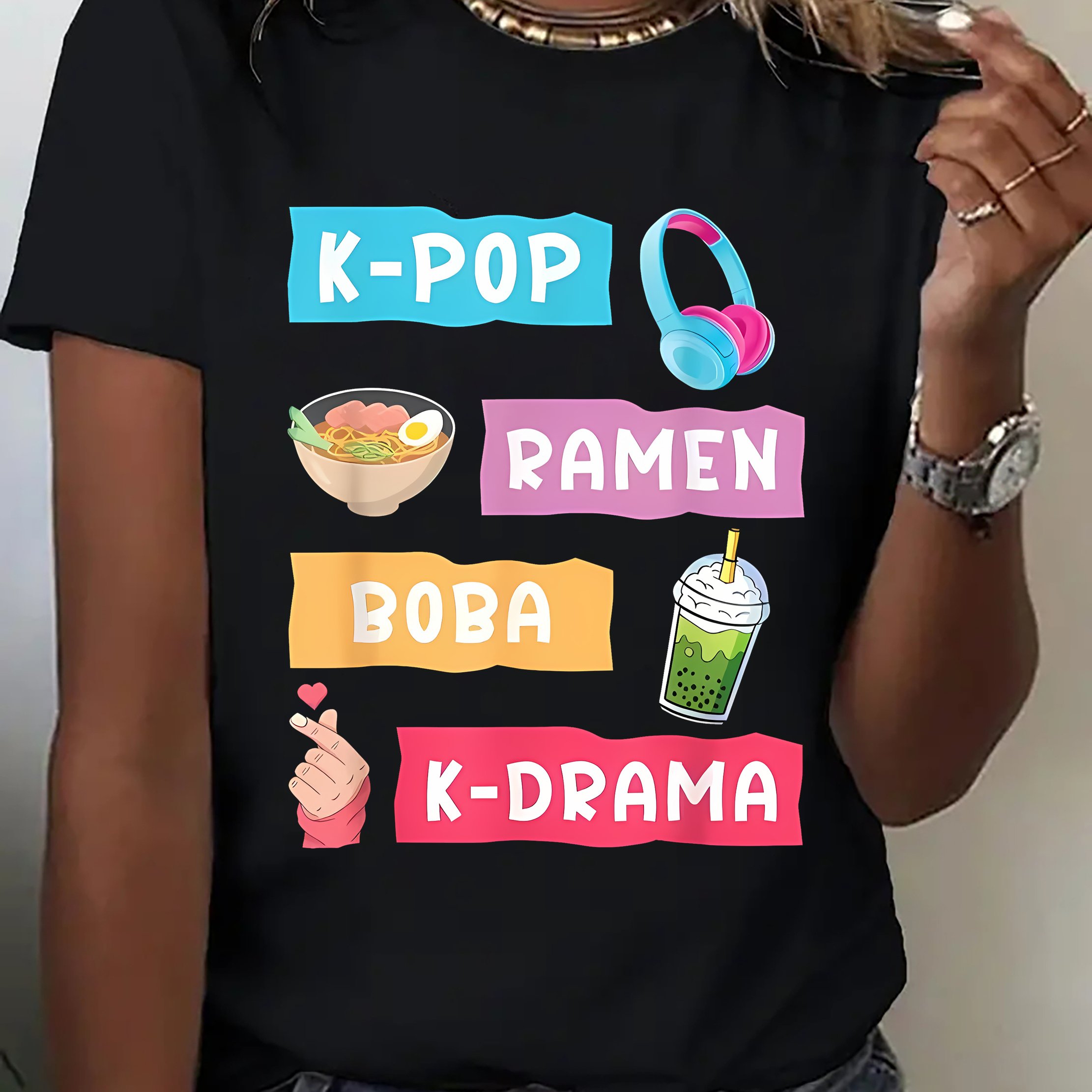 TEMU Korean Wave And Entertainment Themed Print - Summer Women's Trendy Round Neck Casual Sports T-shirt