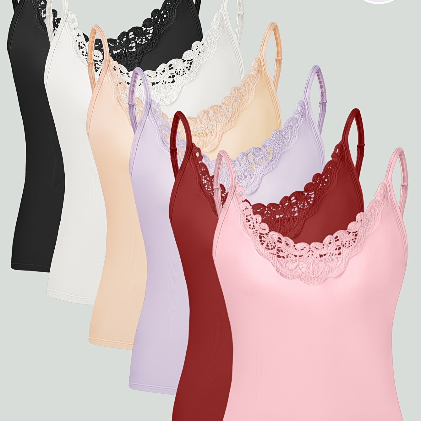 TEMU 6pcs Set Sheer-sensitive Lace Camisole & Slim Layer Undergarments - No Padding, Breathable Mesh Spliced Layering Tops, Hand Wash Care (non-