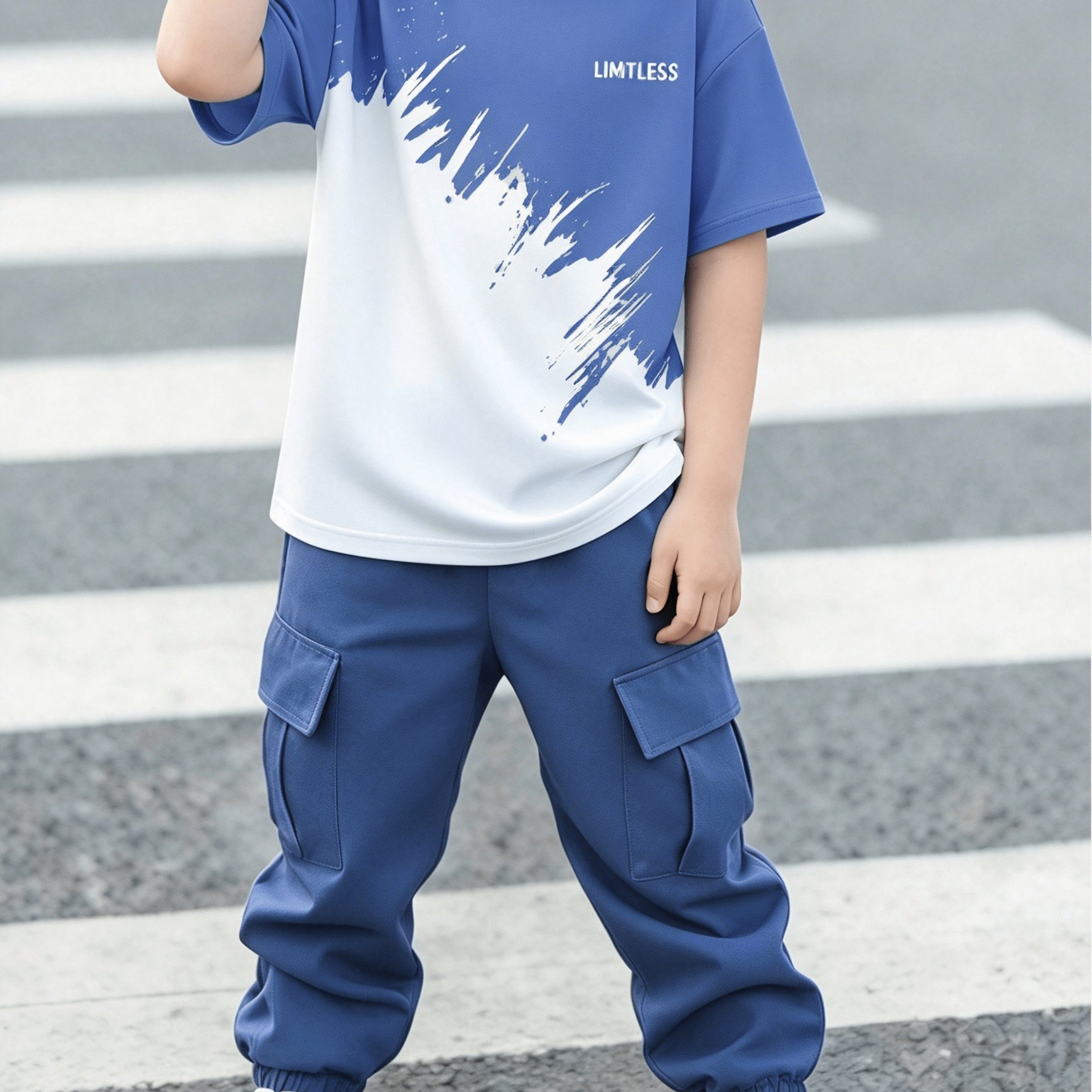 TEMU 2pcs Set For Teen Boys Featuring A Cool And Slogan Gradient Print On A Fashionable Crew-neck Short-sleeve T-shirt And Cargo Pants. Suitable For