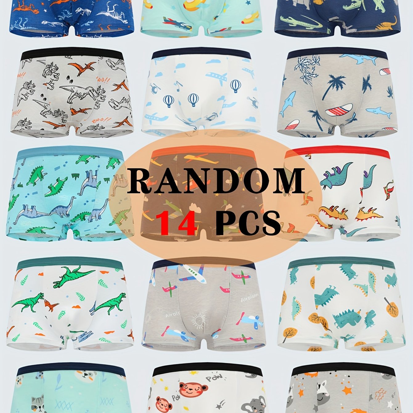 Random 14 Pairs/pack Boys' Boxer Briefs With Cartoon Dinosaur And Car Patterns, Stretchy And Breathable Boys' Underwear