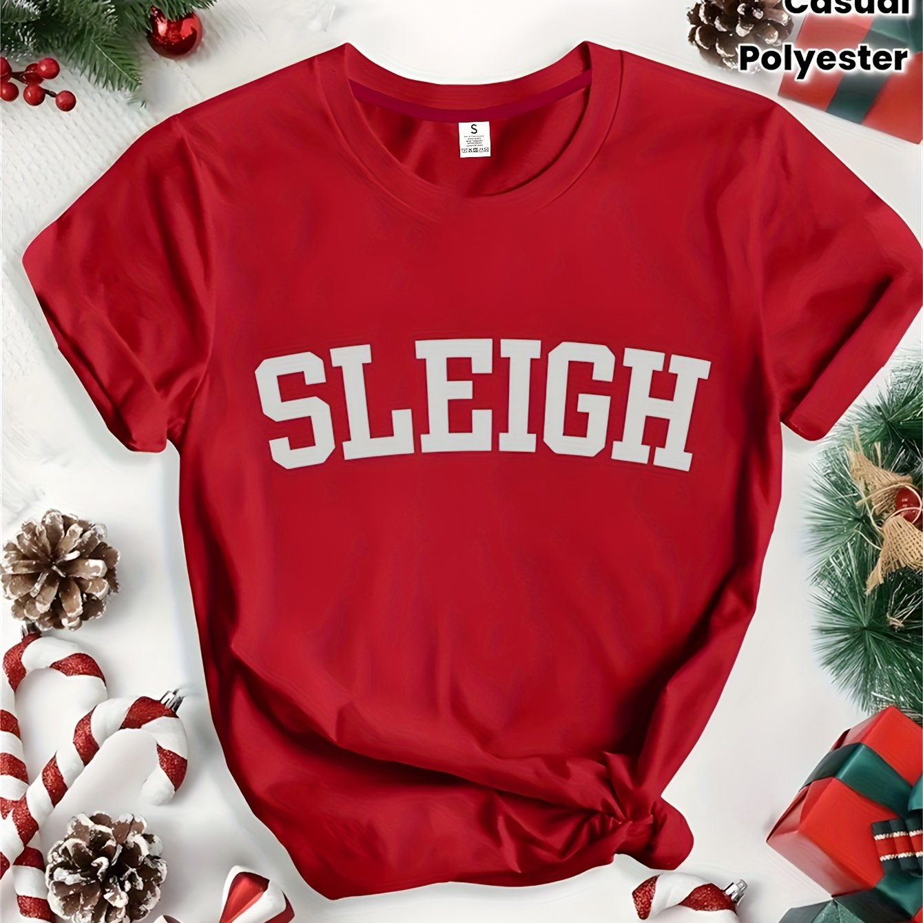 TEMU 1 Women's Christmas Letter Print T-shirt, Casual Round Neck Short Sleeve Polyester Top For Summer Regular Length
