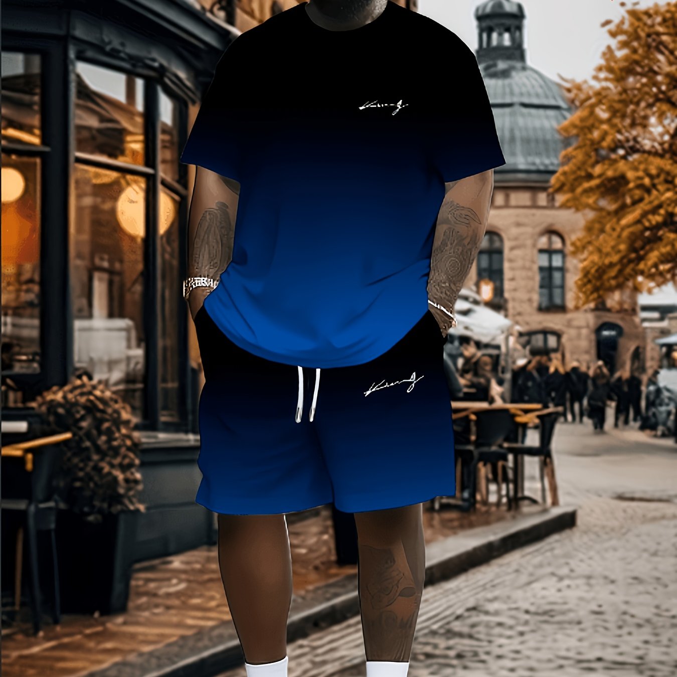 TEMU Men's Large Size "king" Printed Fashion T-shirt And Shorts Set - Comfortable Polyester Blend, Great For Family Casual Wear And Parties, Large