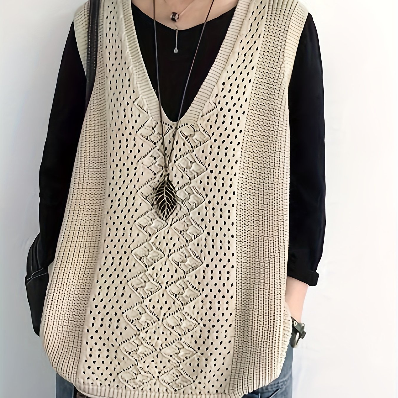 TEMU Suitable For Sleeveless, Casual Fabric Tops, Vintage Style Oversized Sweater Vest, V-neck, Plaid, Fashionable Solid Color Coat