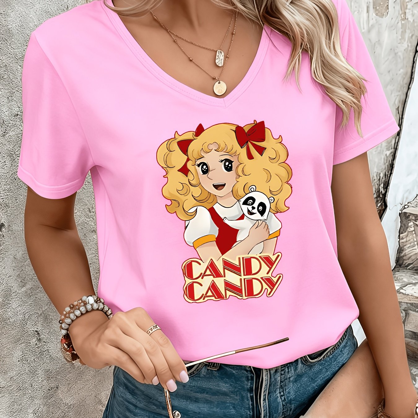 TEMU Maglietta a Maniche Corte con Scollo a V, Stampa Lettere Inglesi, Versatile e per Look Casual