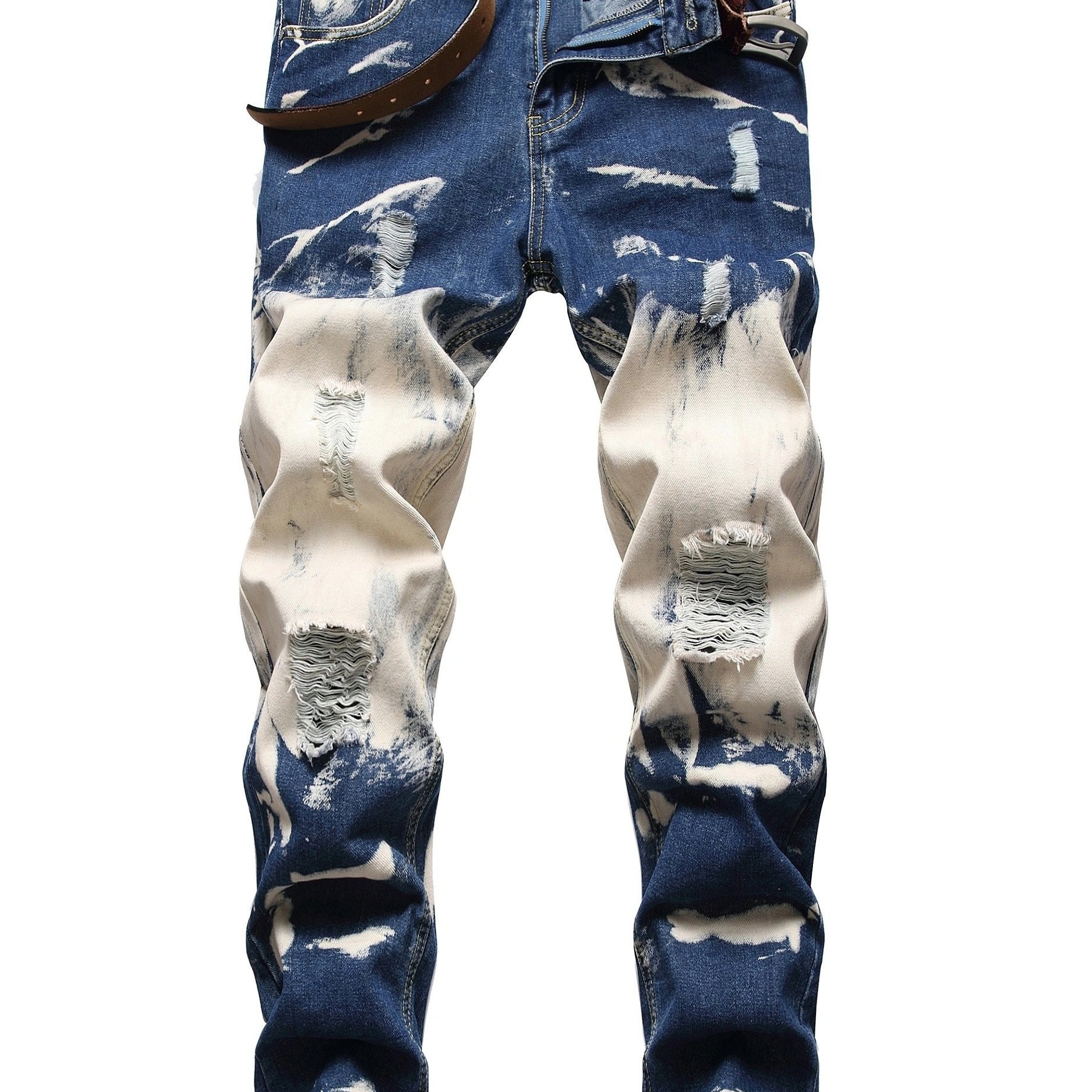 TEMU Men's Slim Fit Jeans With Rips, Featuring 2 Distressed Blue Pairs Designed For Hip Hop Fashion