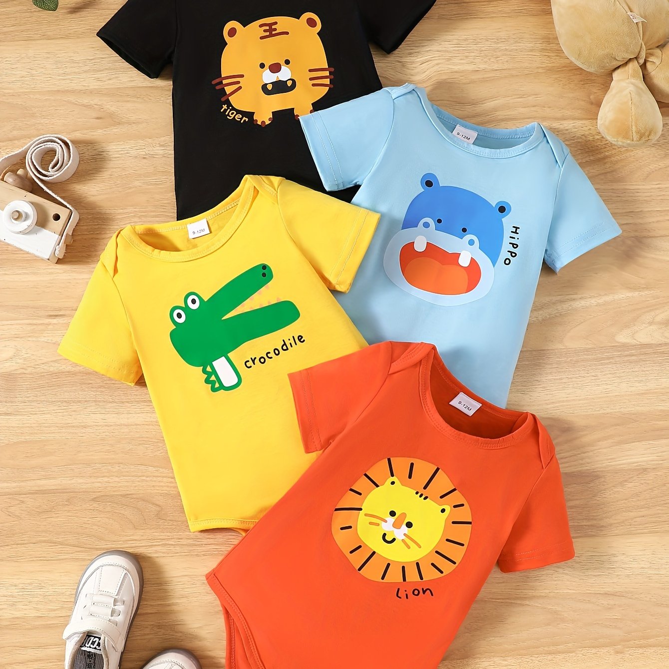 4pcs Summer Boys' Animal Print Bodysuits, Newborn -friendly Breathable Rompers, Perfect For Outdoor