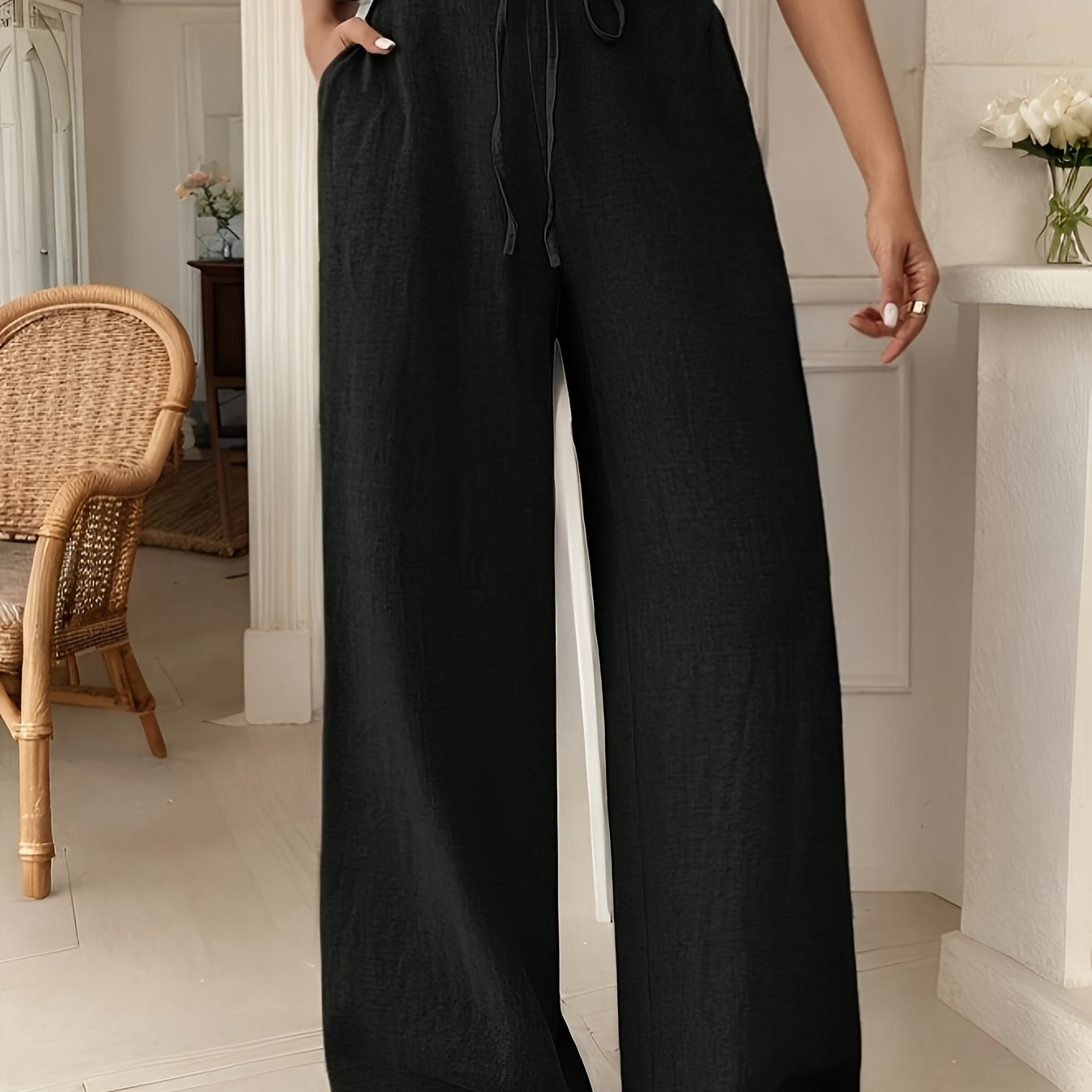 Image of Women's Casual French Comfortable Fashion Straight Wide-leg Trousers With Pockets