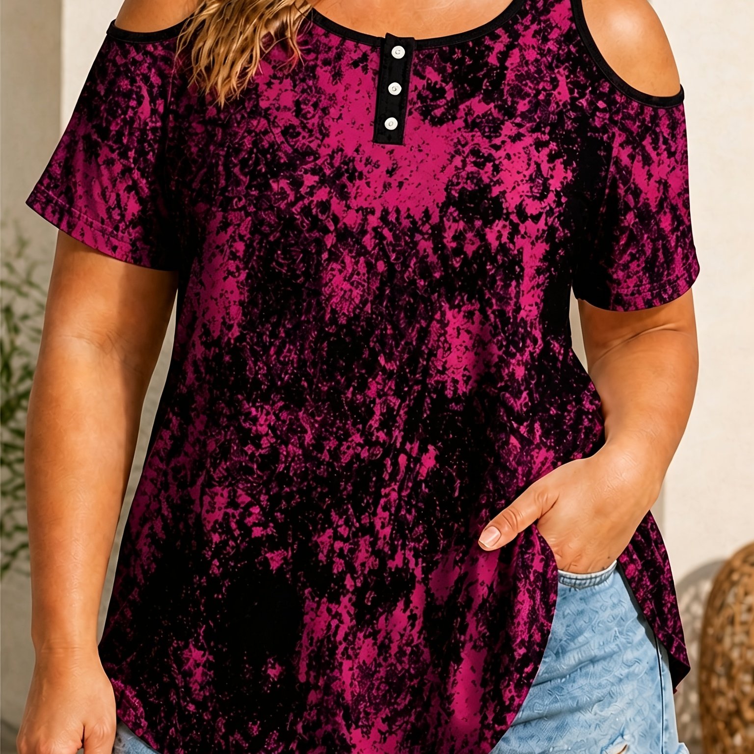 TEMU Plus Size, [printed Design - Not Textured] Round Neck T-shirt, Summer Casual Off-shoulder Printed Top