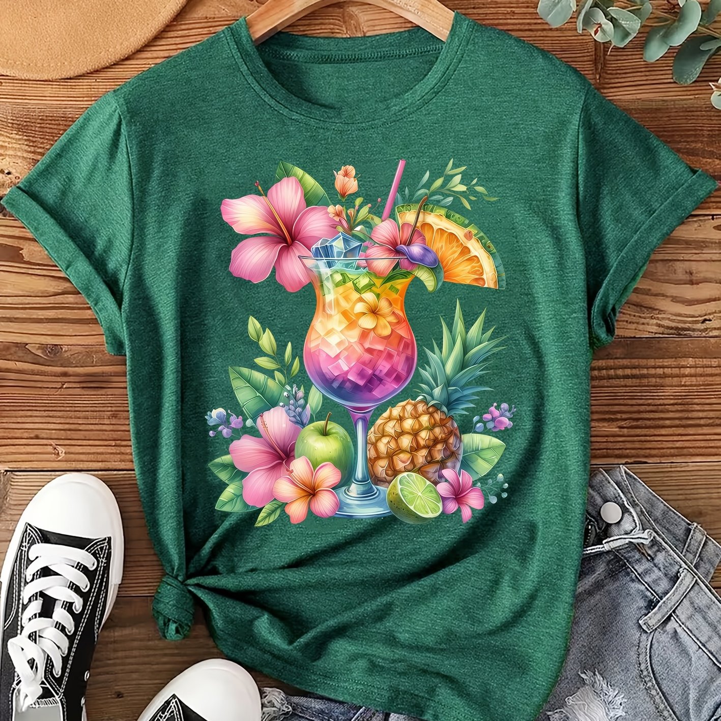 TEMU Women's Tropical Fruit Cocktail Print Short Sleeve T-shirt - Soft Round Neck Blouse-compatible Top | Non- Beach Shirt Suitable For Spring Summer