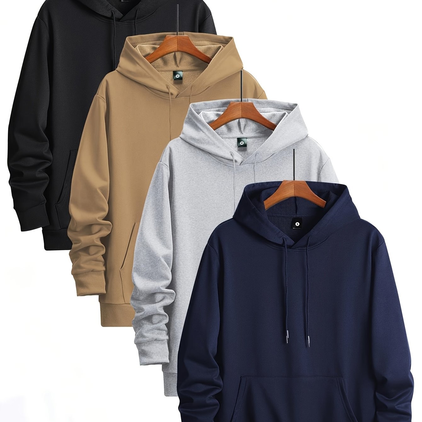 TEMU 4pcs Men's Long Sleeve Sweatshirt With Hood, Spring/autumn Solid Color Drawstring Design And Kangaroo Pocket, Men's Casual Entertainment Outdoor